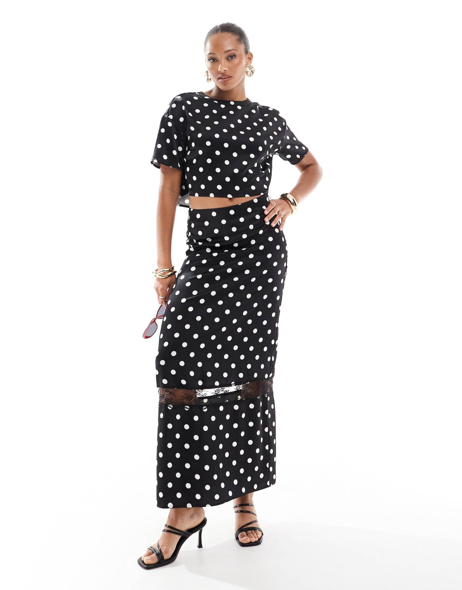 4th & Reckless cropped satin top co - ord in black polka dot - ASOS Sample Sale