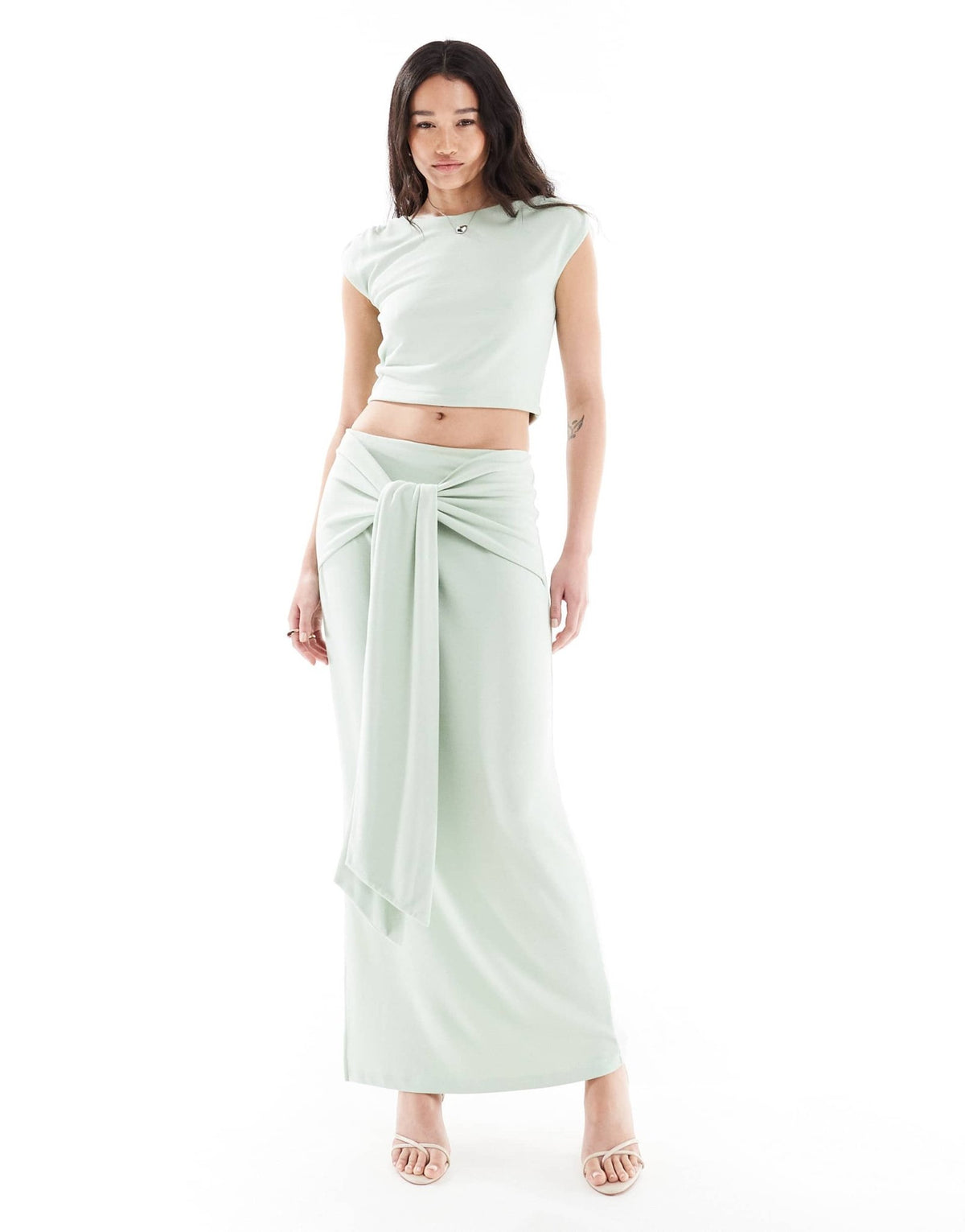 4th & Reckless double layered slinky drape tie waist maxi skirt co-ord in sage - ASOS Sample Sale