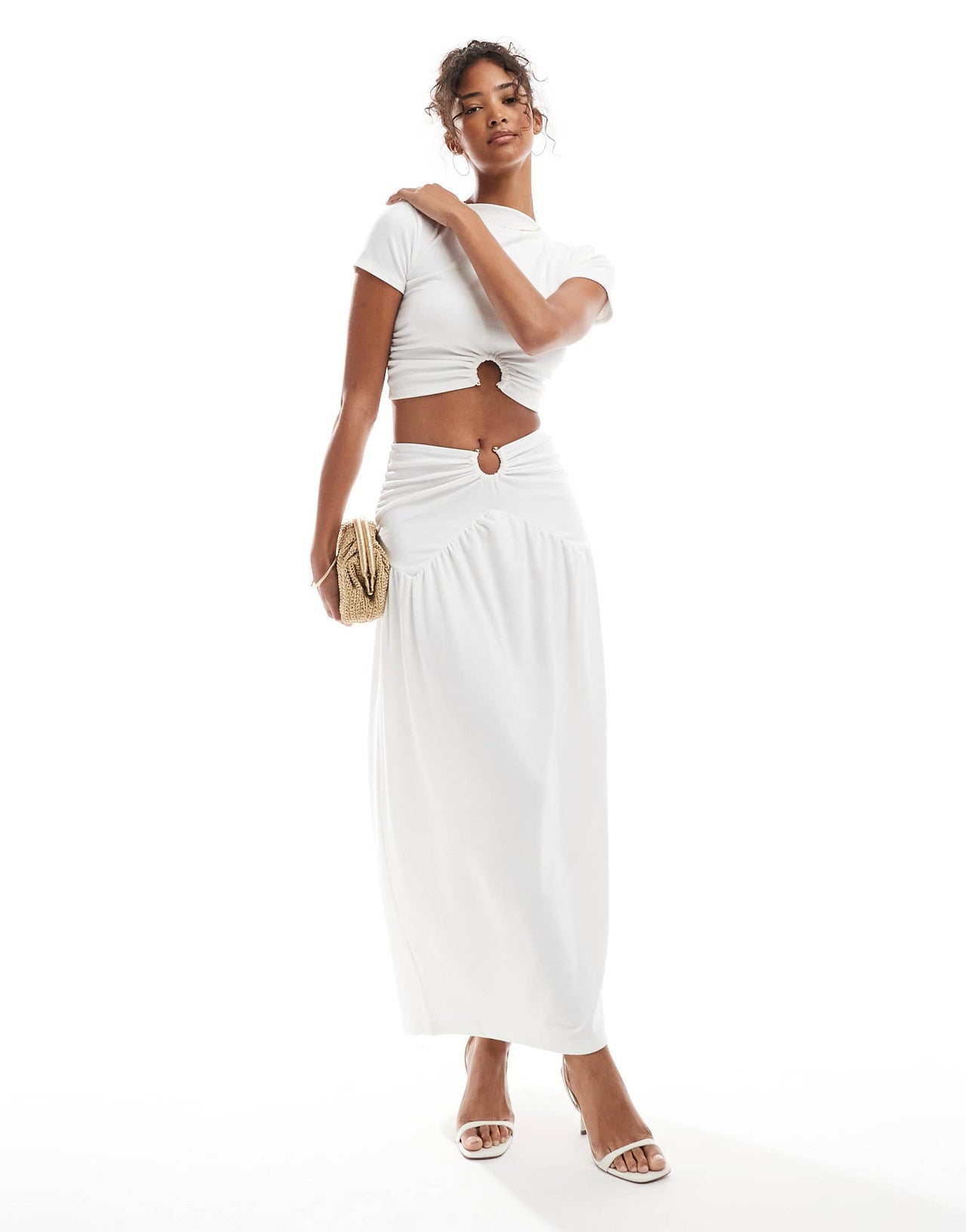 4th & Reckless double layered slinky gold hardware detail dropped waist maxi skirt co-ord in white - ASOS Sample Sale