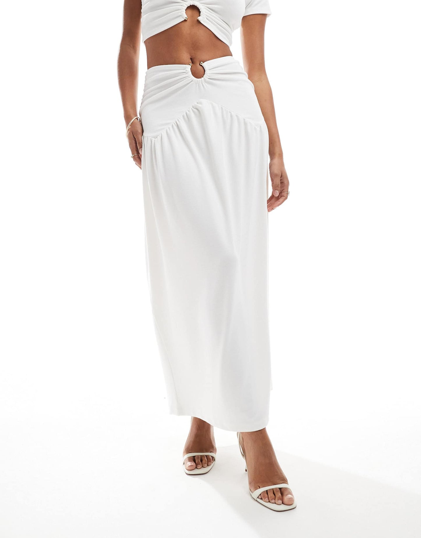 4th & Reckless double layered slinky gold hardware detail dropped waist maxi skirt co-ord in white - ASOS Sample Sale