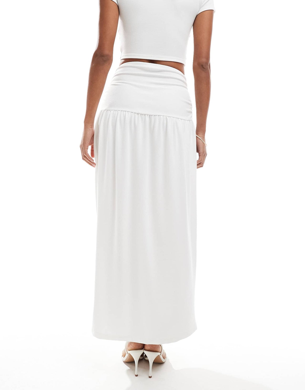 4th & Reckless double layered slinky gold hardware detail dropped waist maxi skirt co-ord in white - ASOS Sample Sale