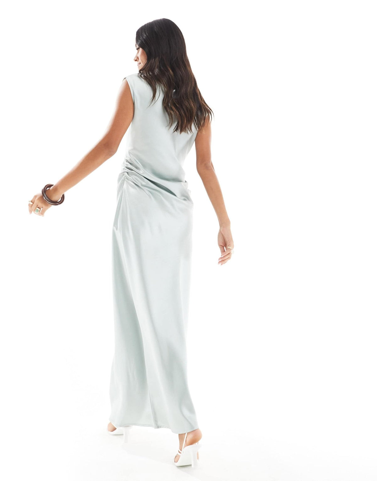 4th & Reckless gathered waist drape detail slash neck satin maxi dress in light blue - ASOS Sample Sale