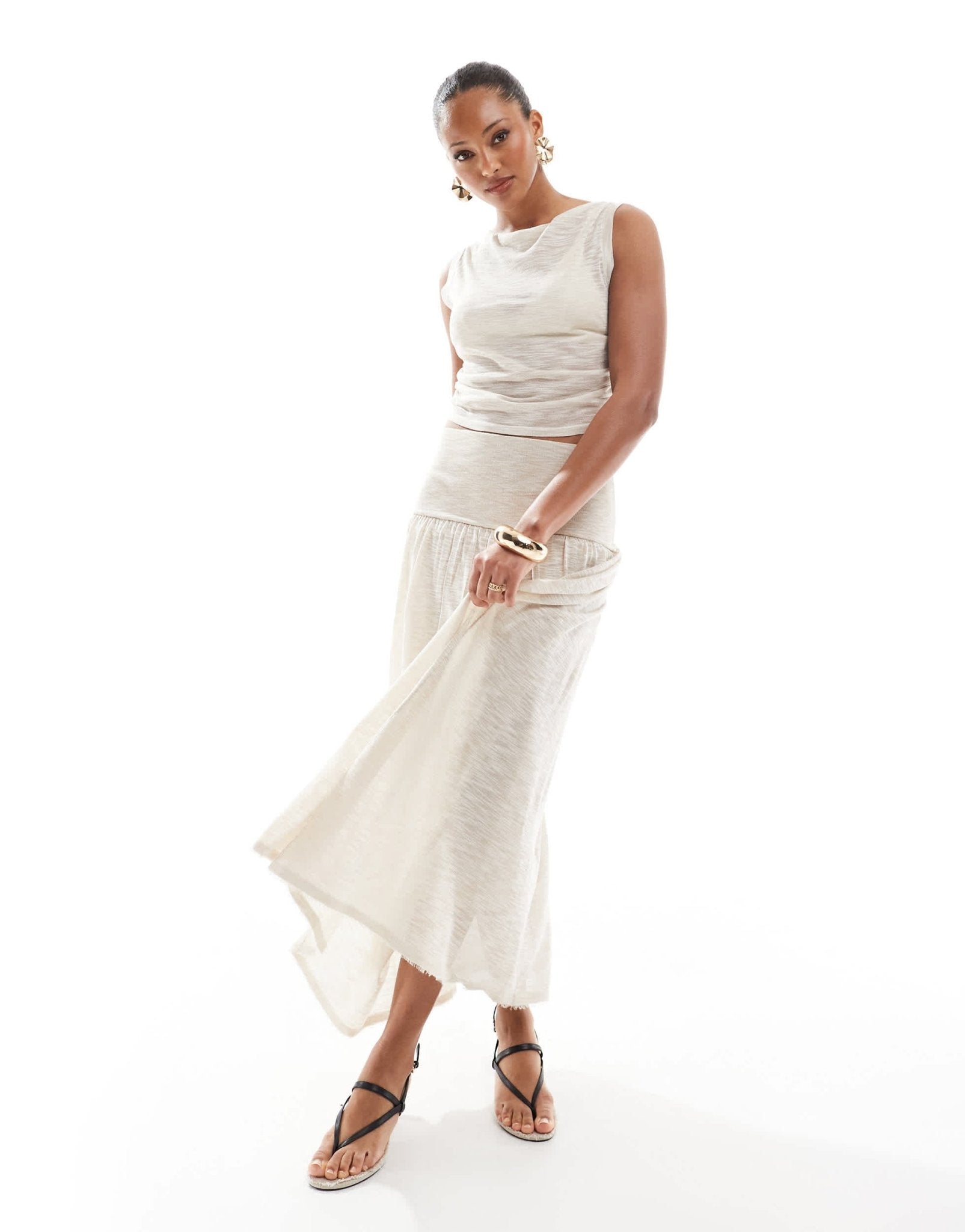 4th & Reckless knitted deep waistband drop waist maxi skirt co - ord in beige - ASOS Sample Sale