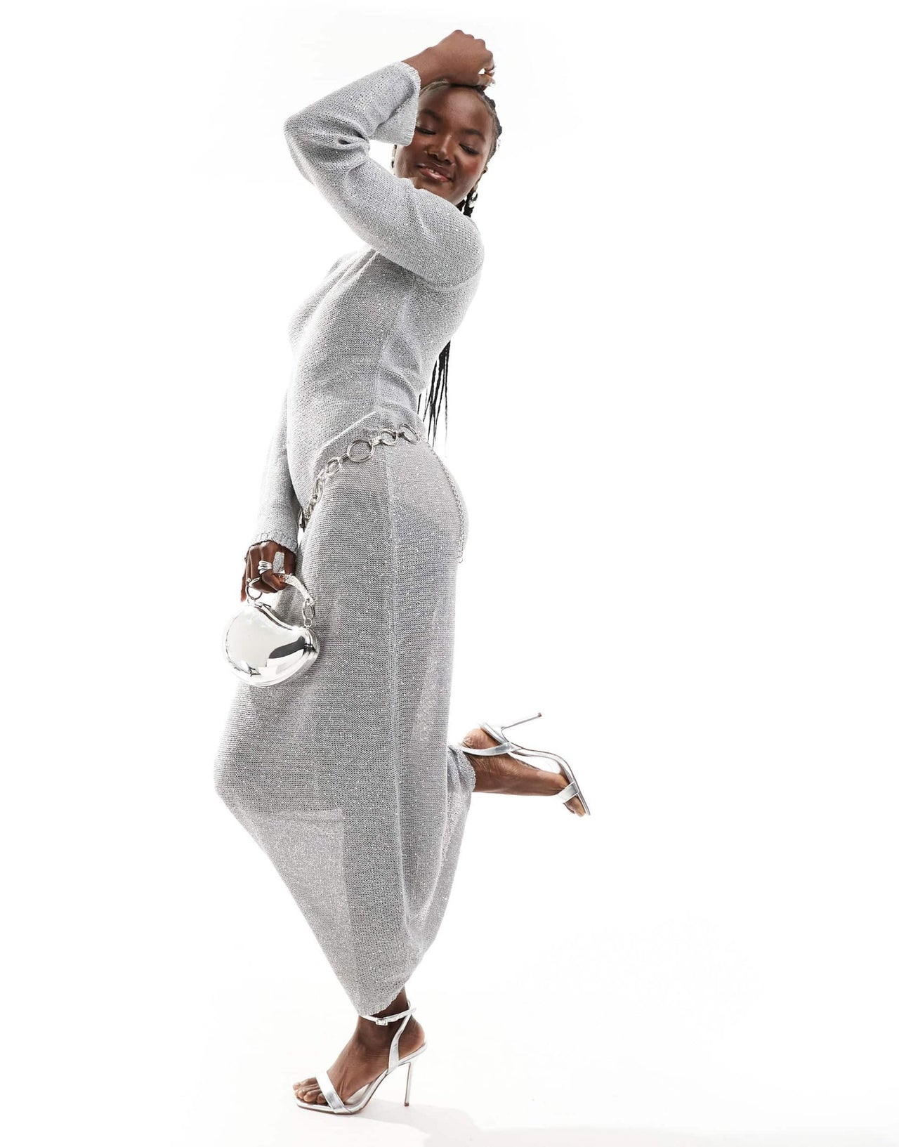 4th & Reckless knitted sequin long sleeve maxi dress in silver - ASOS Sample Sale