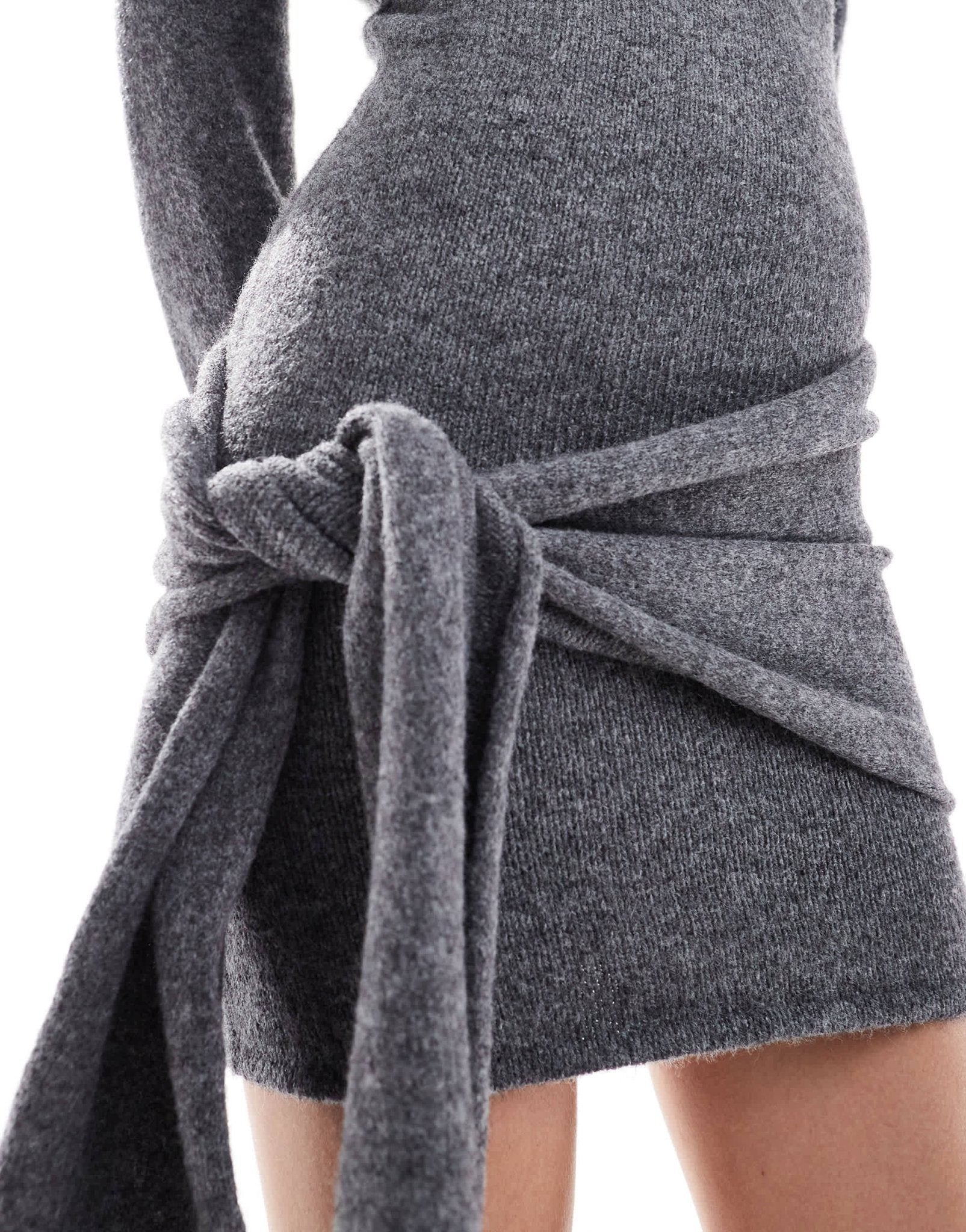4th & Reckless knitted wide sleeve knot detail mini jumper dress in grey - ASOS Sample Sale