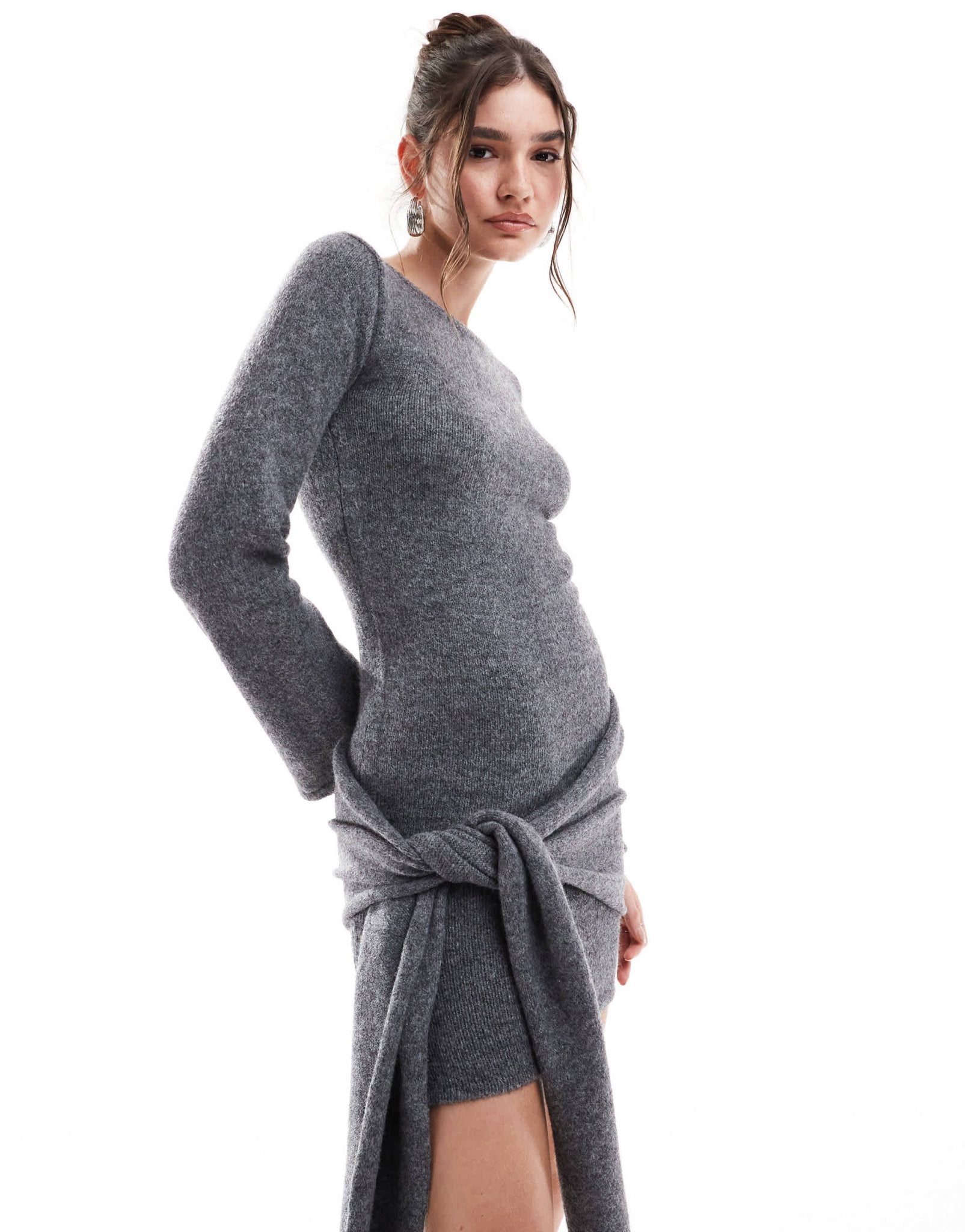 4th & Reckless knitted wide sleeve knot detail mini jumper dress in grey - ASOS Sample Sale