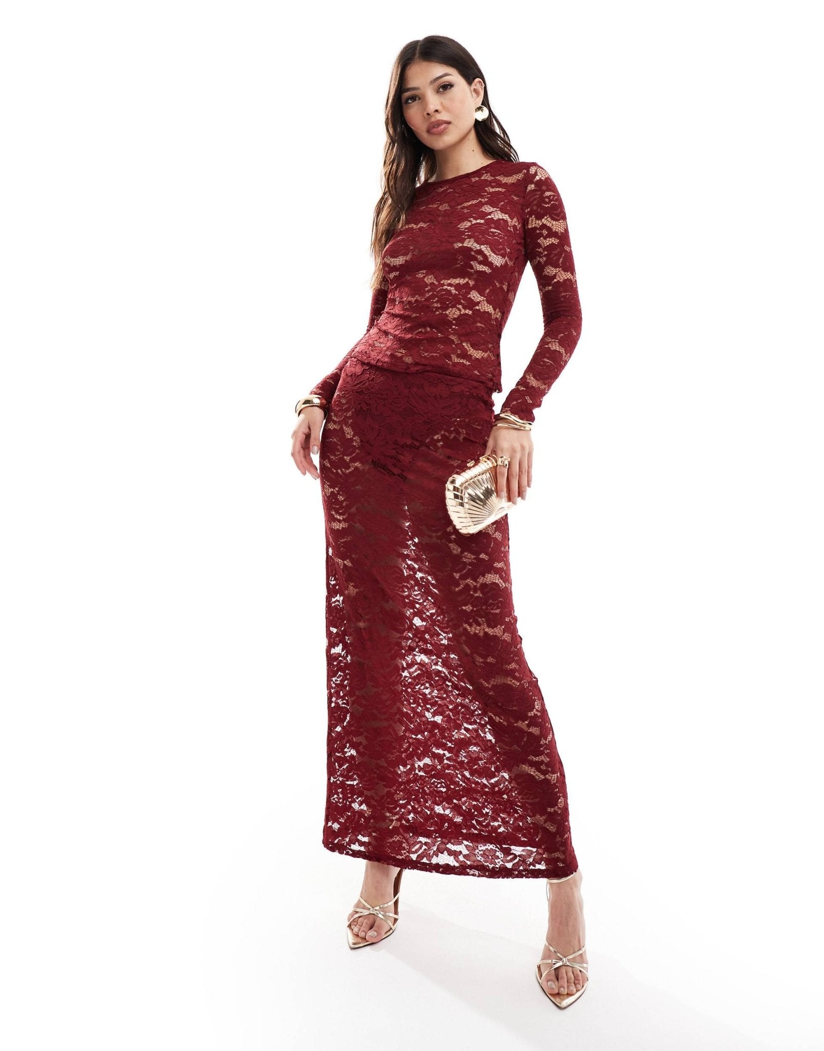 4th & Reckless lace long sleeve top co - ord in burgundy - ASOS Sample Sale