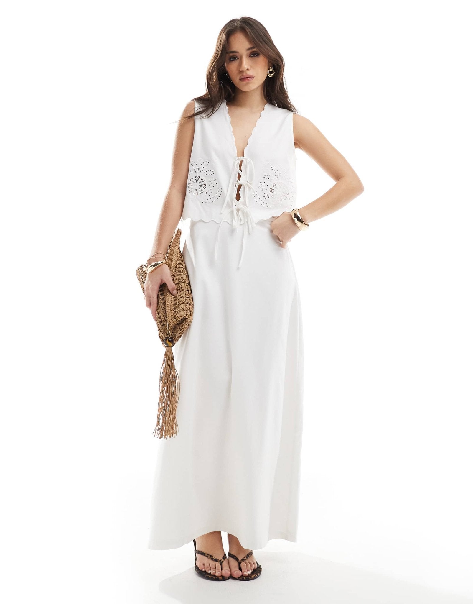 4th & Reckless linen blend cropped scallop edge tie front embroidered waistcoat co - ord in white - ASOS Sample Sale