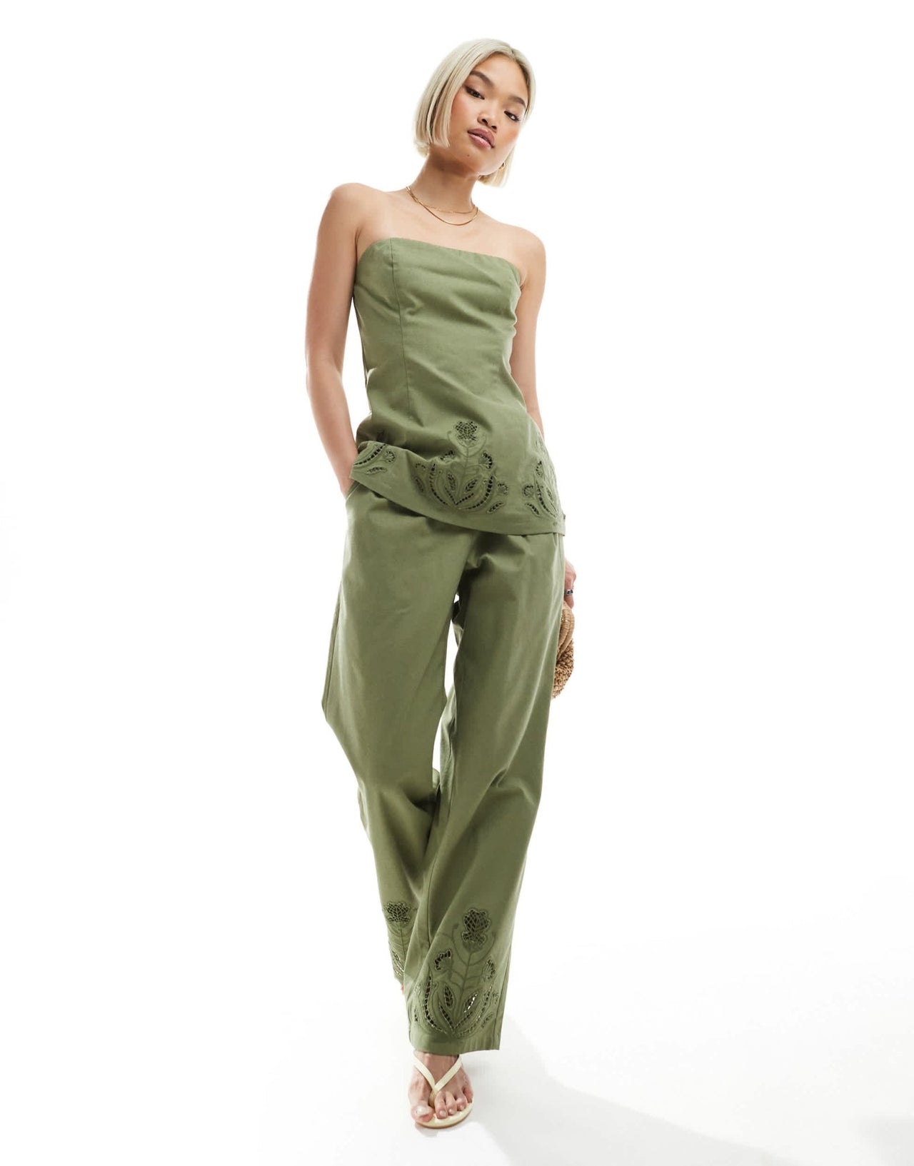 4th & Reckless linen blend flower cutwork detail longline bandeau top co - ord in olive green - ASOS Sample Sale
