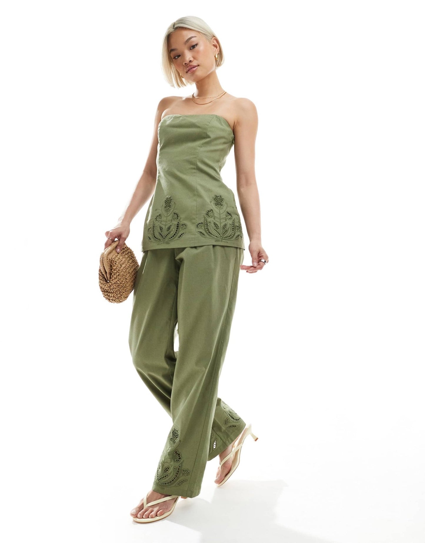 4th & Reckless linen blend flower cutwork detail wide leg trousers co - ord in olive green - ASOS Sample Sale