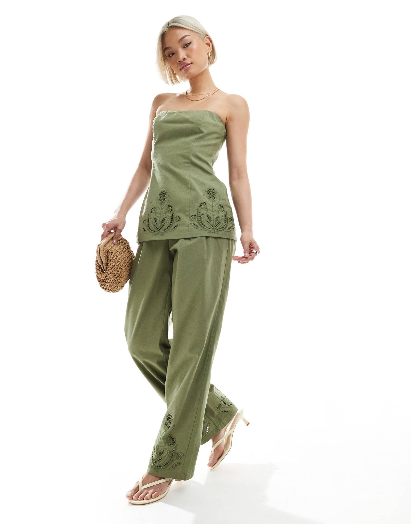 4th & Reckless linen blend flower cutwork detail wide leg trousers co - ord in olive green - ASOS Sample Sale