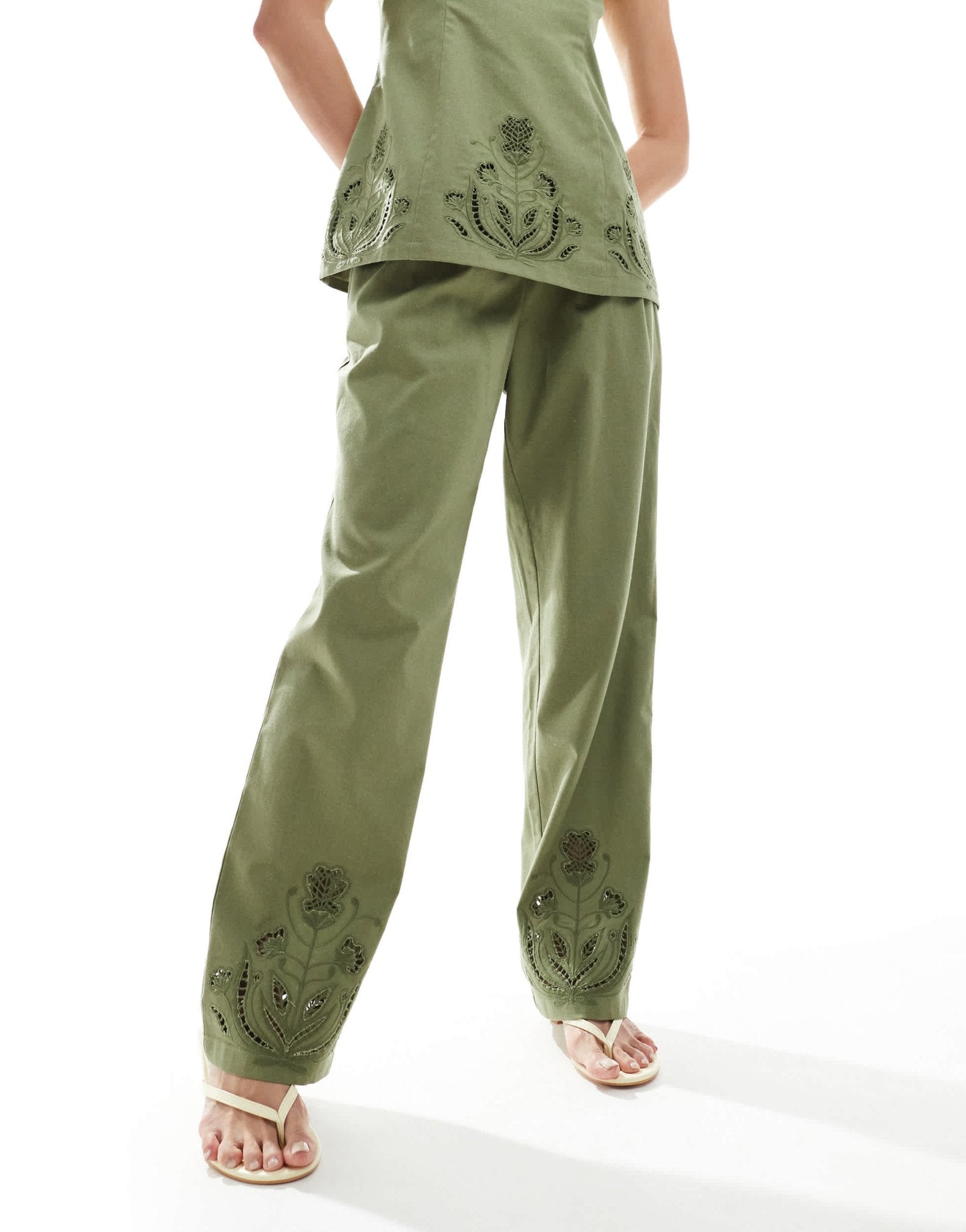 4th & Reckless linen blend flower cutwork detail wide leg trousers co - ord in olive green - ASOS Sample Sale