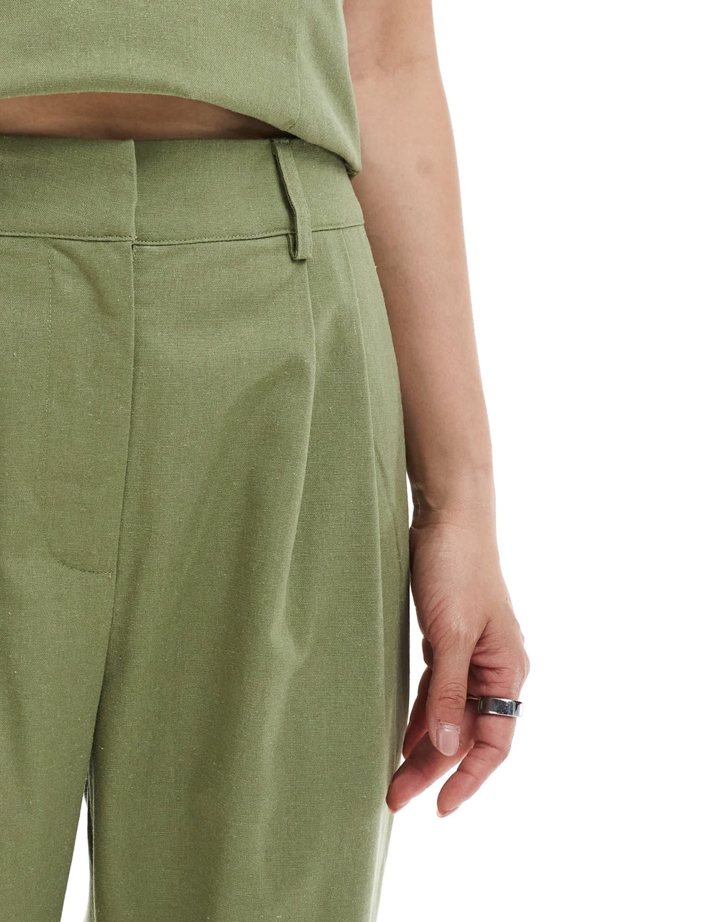 4th & Reckless linen blend flower cutwork detail wide leg trousers co - ord in olive green - ASOS Sample Sale