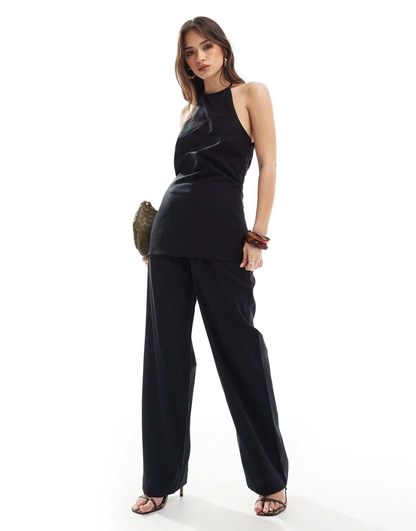 4th & Reckless linen blend halterneck low back top co - ord in black - ASOS Sample Sale