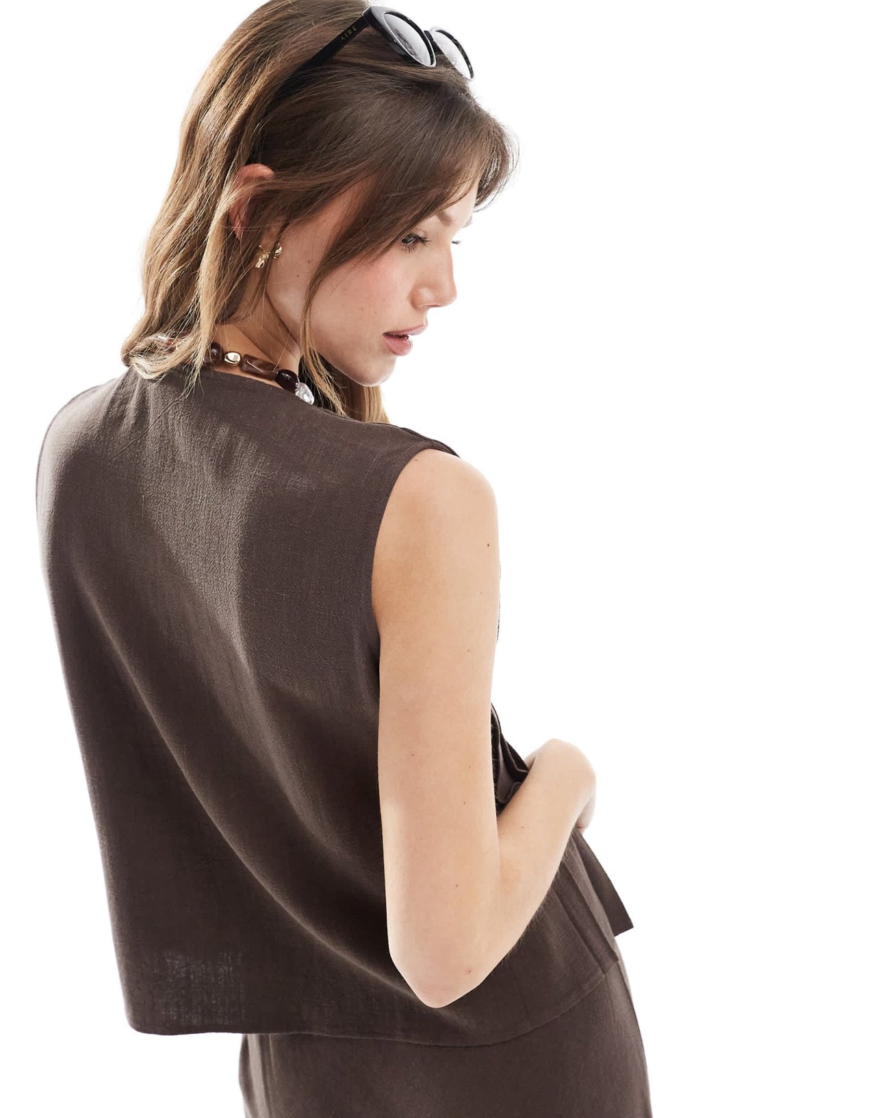 4th & Reckless linen blend pleat detail tie front top co - ord in chocolate - ASOS Sample Sale