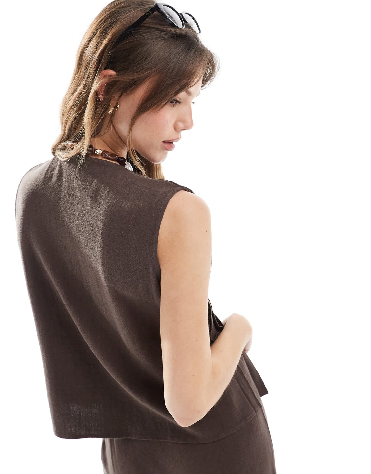 4th & Reckless linen blend pleat detail tie front top co - ord in chocolate - ASOS Sample Sale