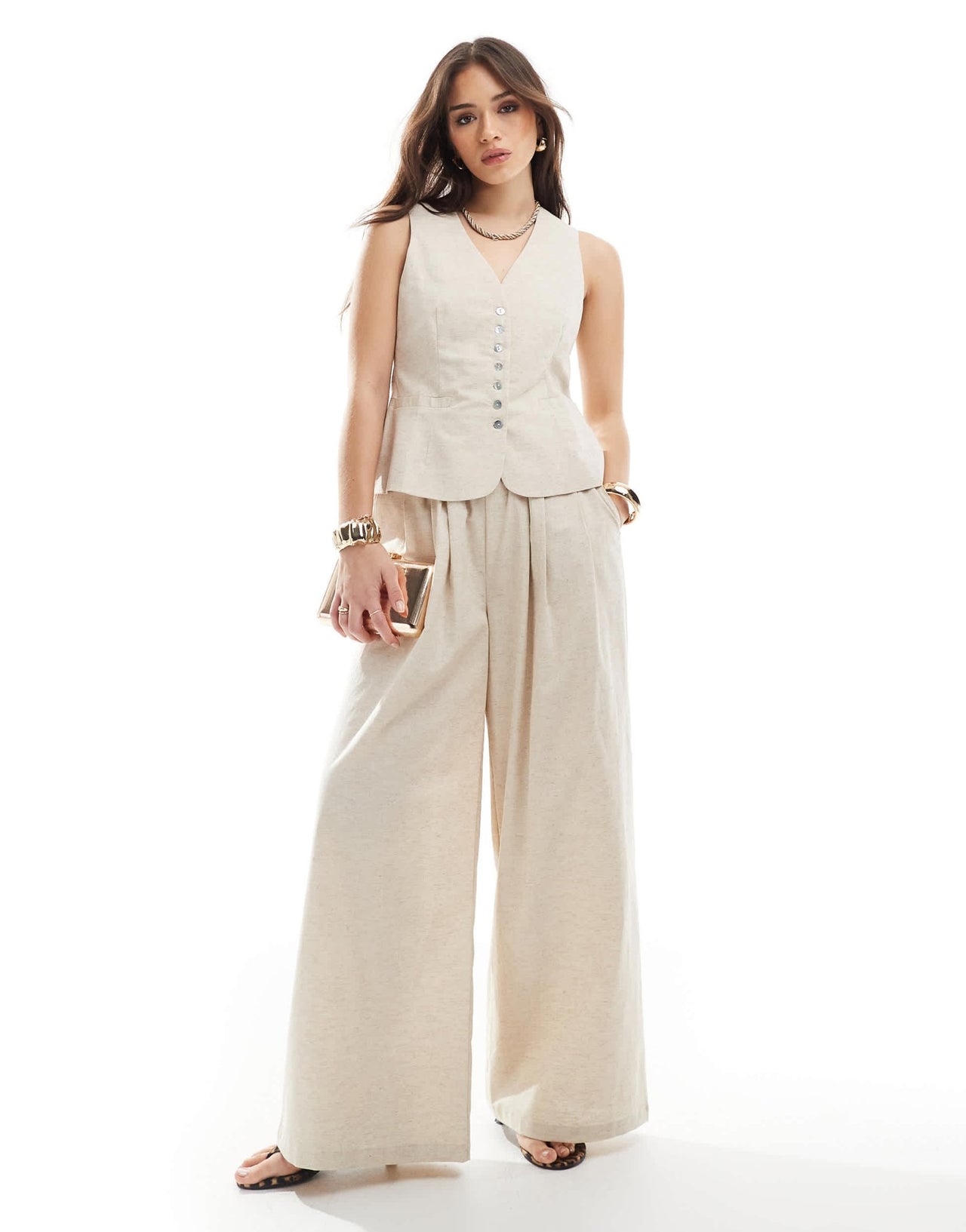 4th & Reckless linen blend tailored ruched waistband wide leg trousers co - ord in beige - ASOS Sample Sale