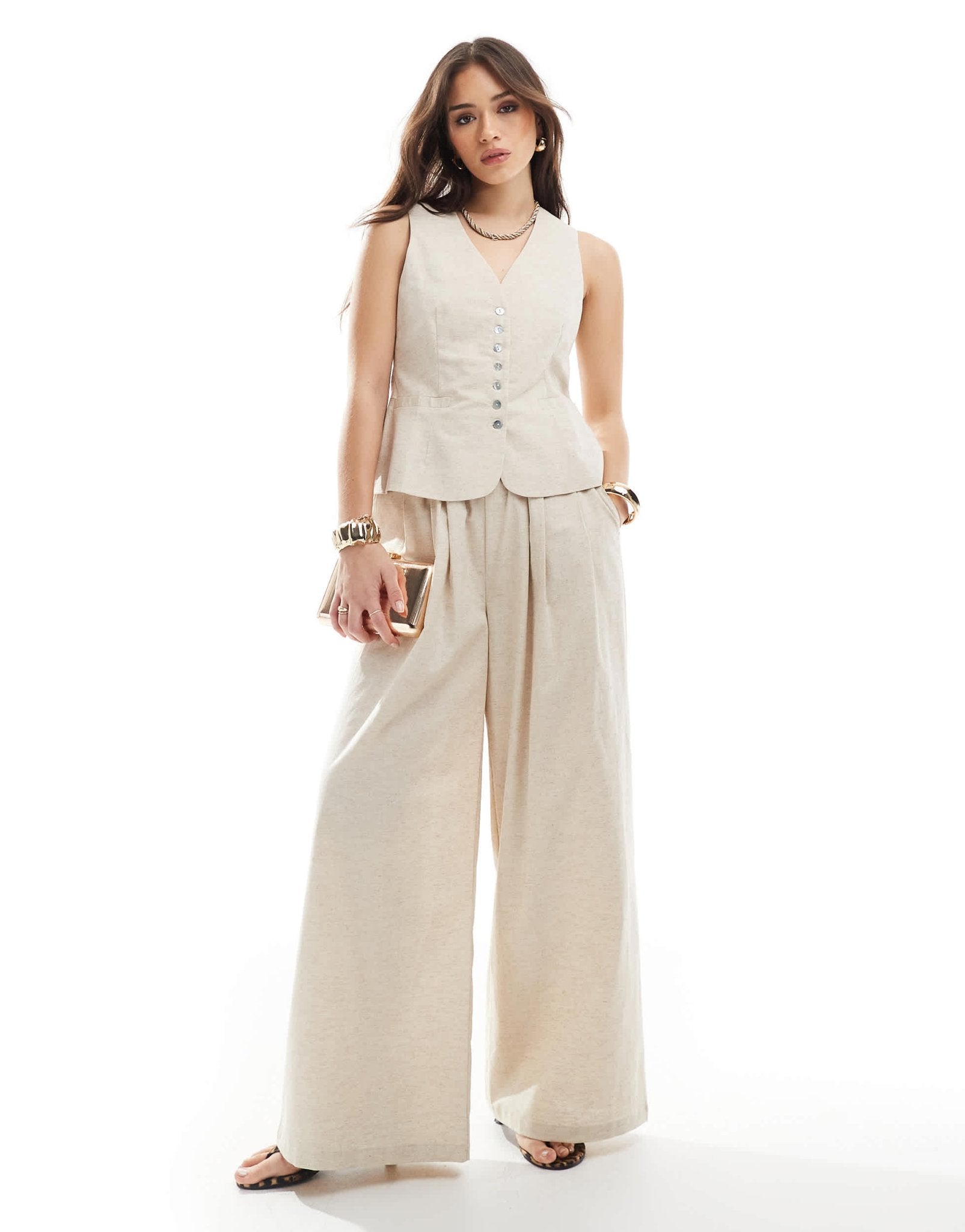 4th & Reckless linen blend tailored ruched waistband wide leg trousers co - ord in beige - ASOS Sample Sale