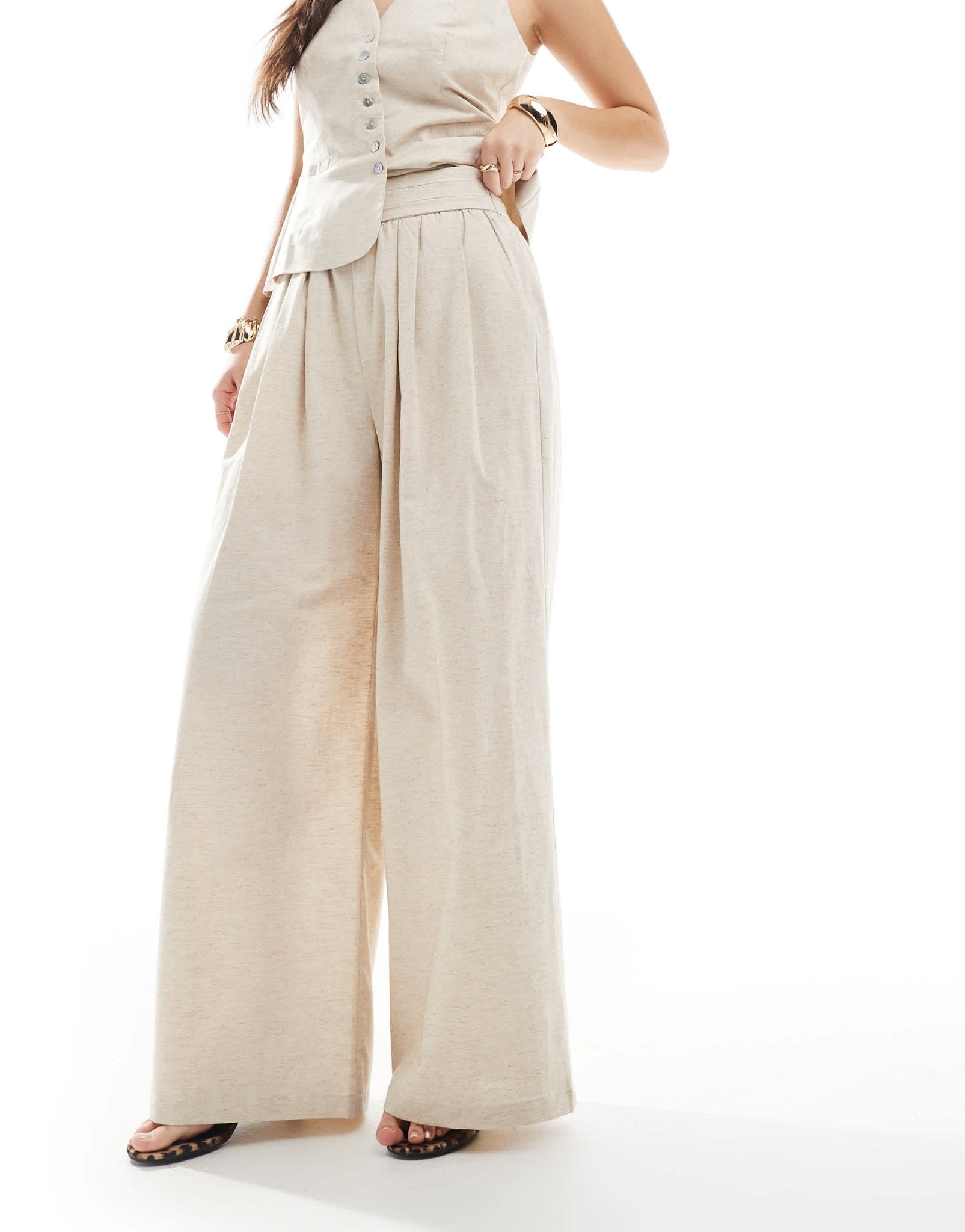 4th & Reckless linen blend tailored ruched waistband wide leg trousers co - ord in beige - ASOS Sample Sale