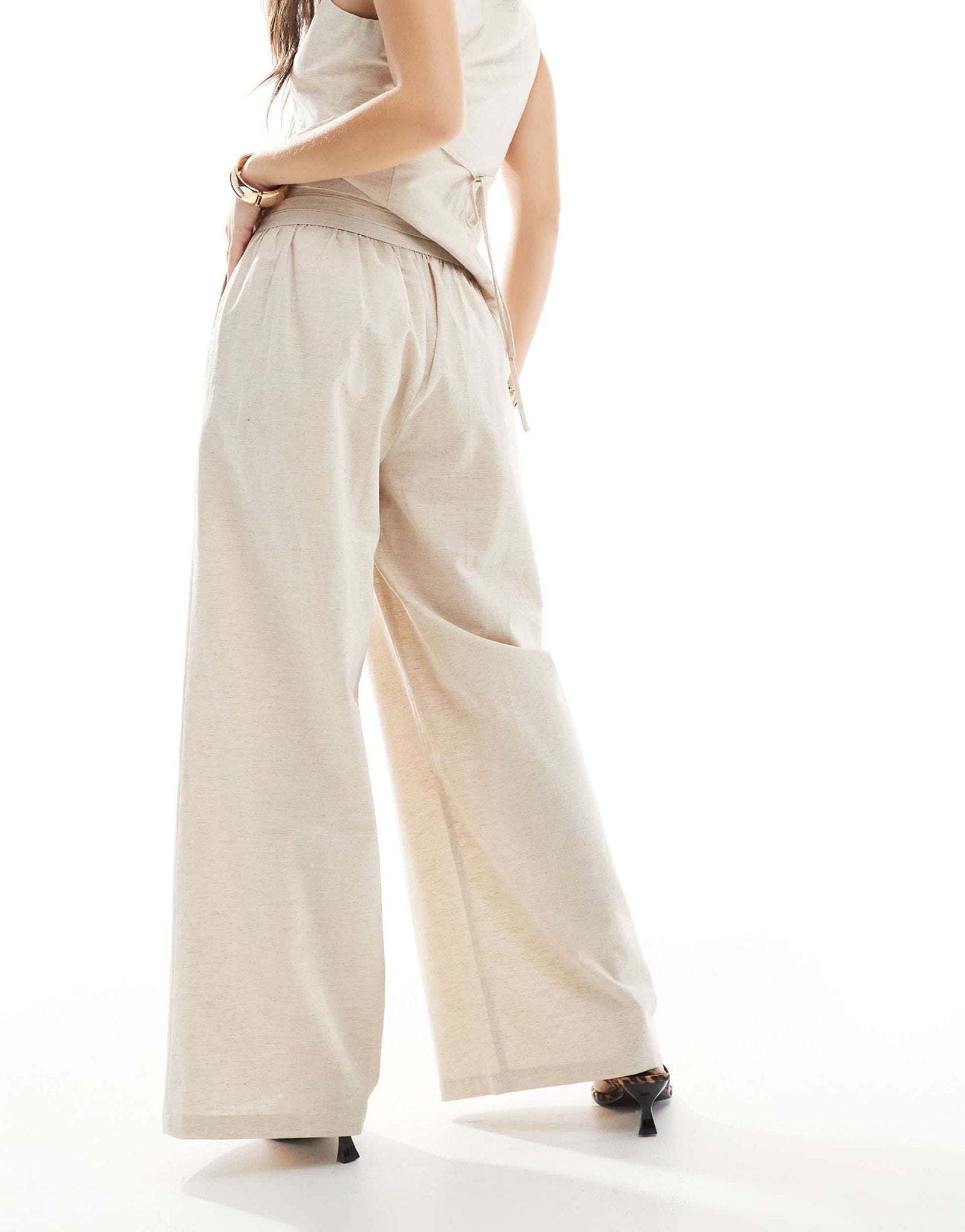 4th & Reckless linen blend tailored ruched waistband wide leg trousers co - ord in beige - ASOS Sample Sale