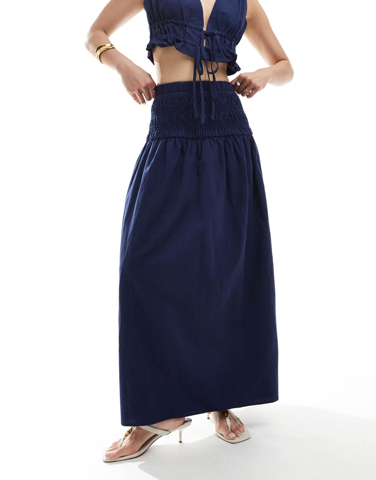4th & Reckless linen look dropped waist maxi skirt co-ord in navy - ASOS Sample Sale