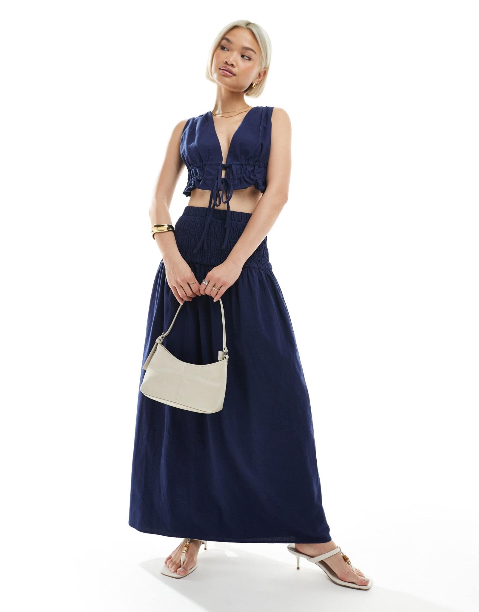 4th & Reckless linen look dropped waist maxi skirt co-ord in navy - ASOS Sample Sale