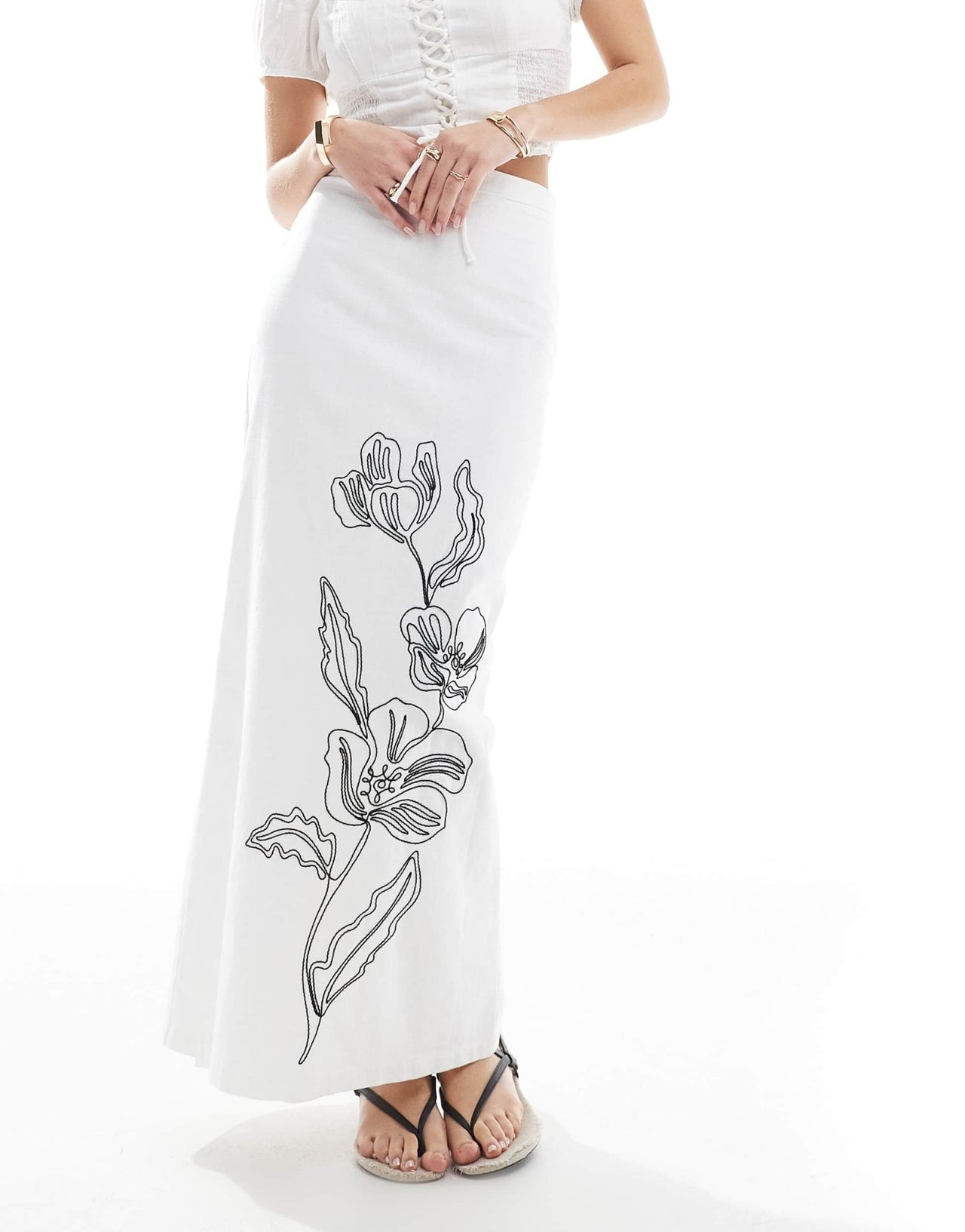 4th & Reckless linen look floral embroidered maxi skirt in white - ASOS Sample Sale