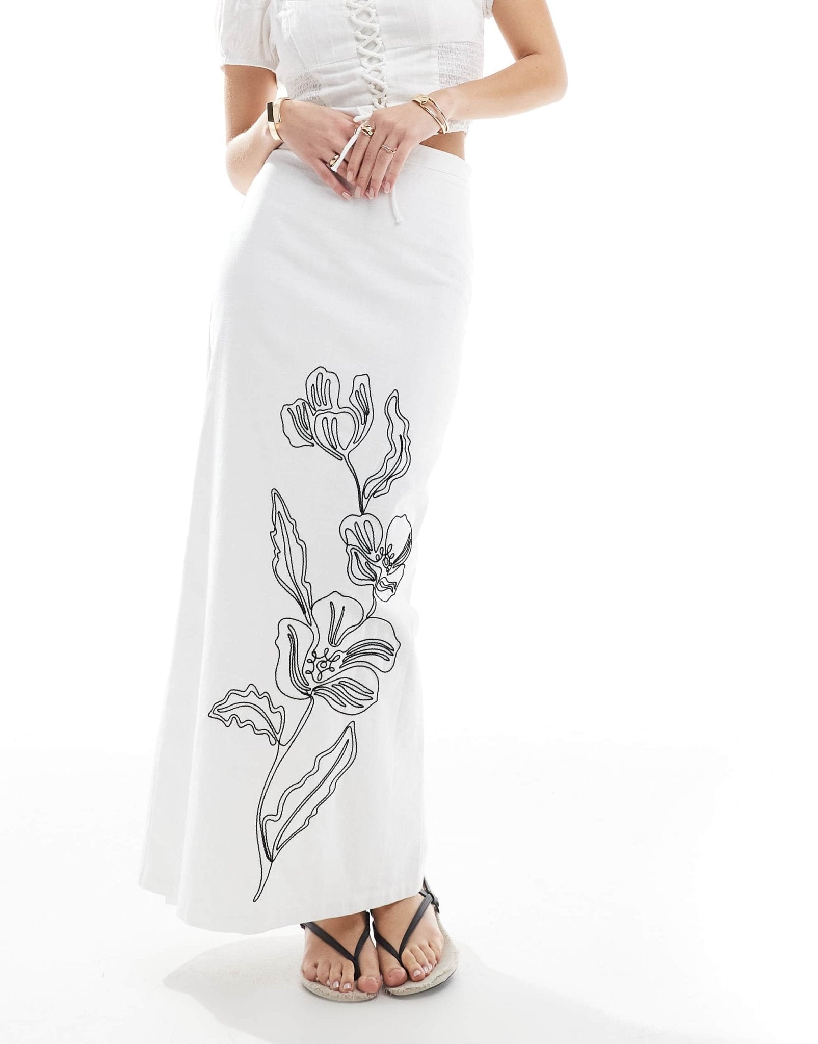 4th & Reckless linen look floral embroidered maxi skirt in white - ASOS Sample Sale