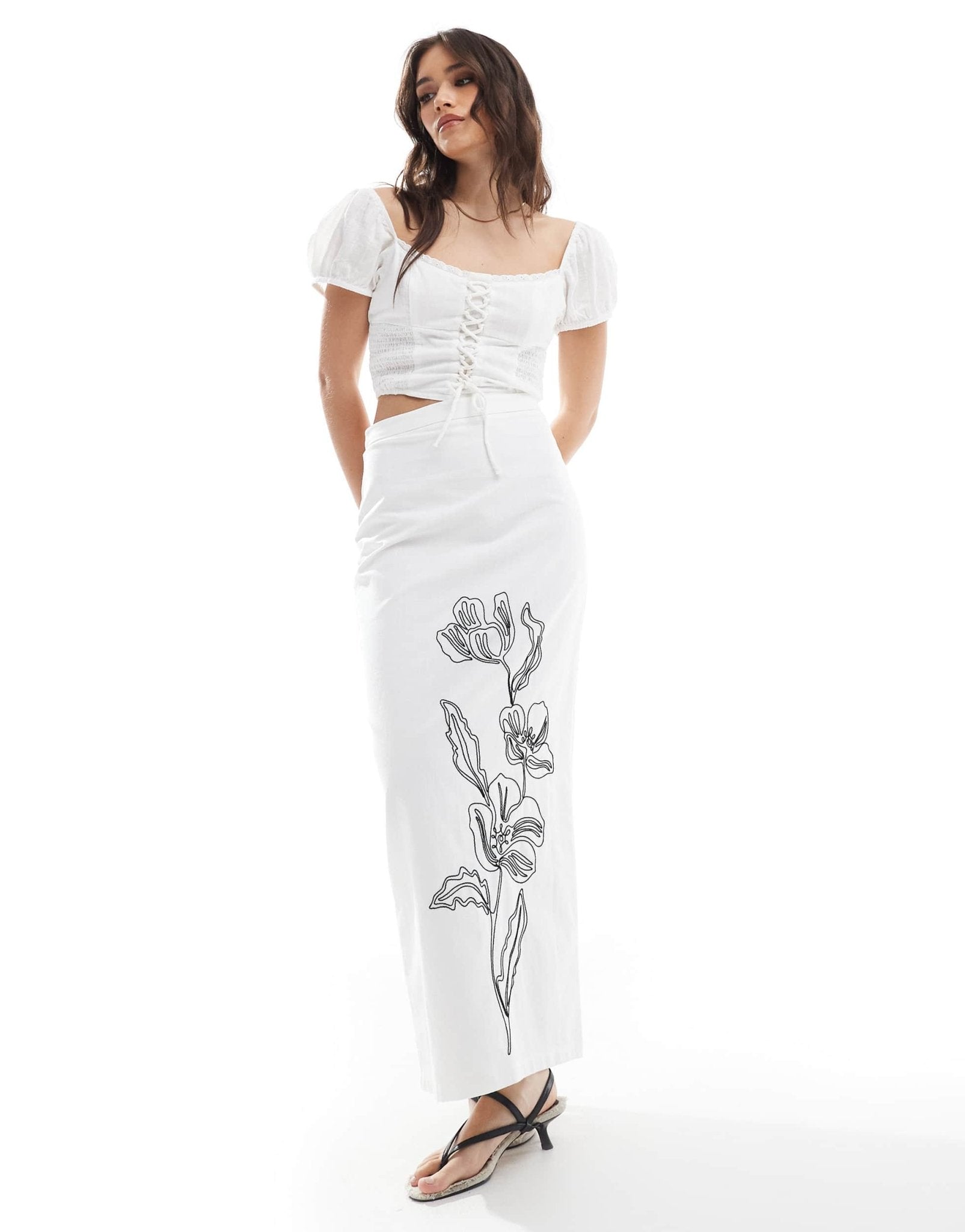 4th & Reckless linen look floral embroidered maxi skirt in white - ASOS Sample Sale