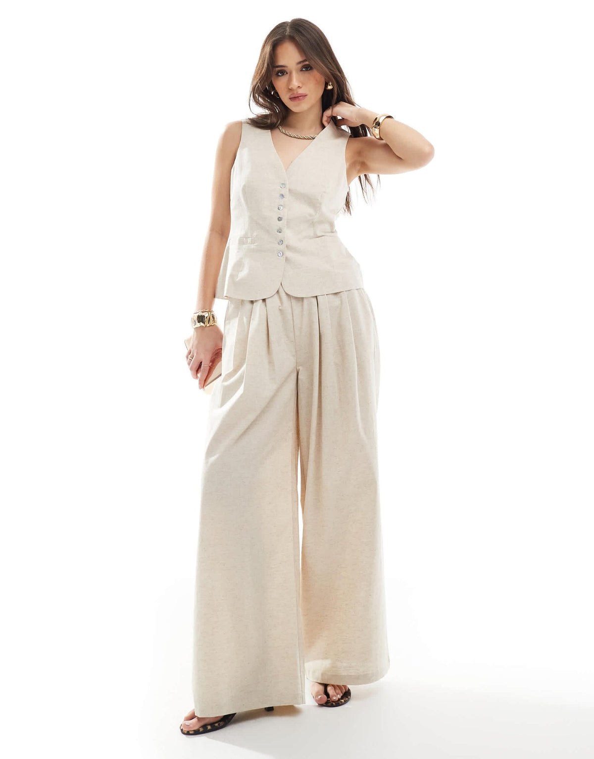 4th & Reckless linen look tie back waistcoat co-ord in beige - ASOS Sample Sale