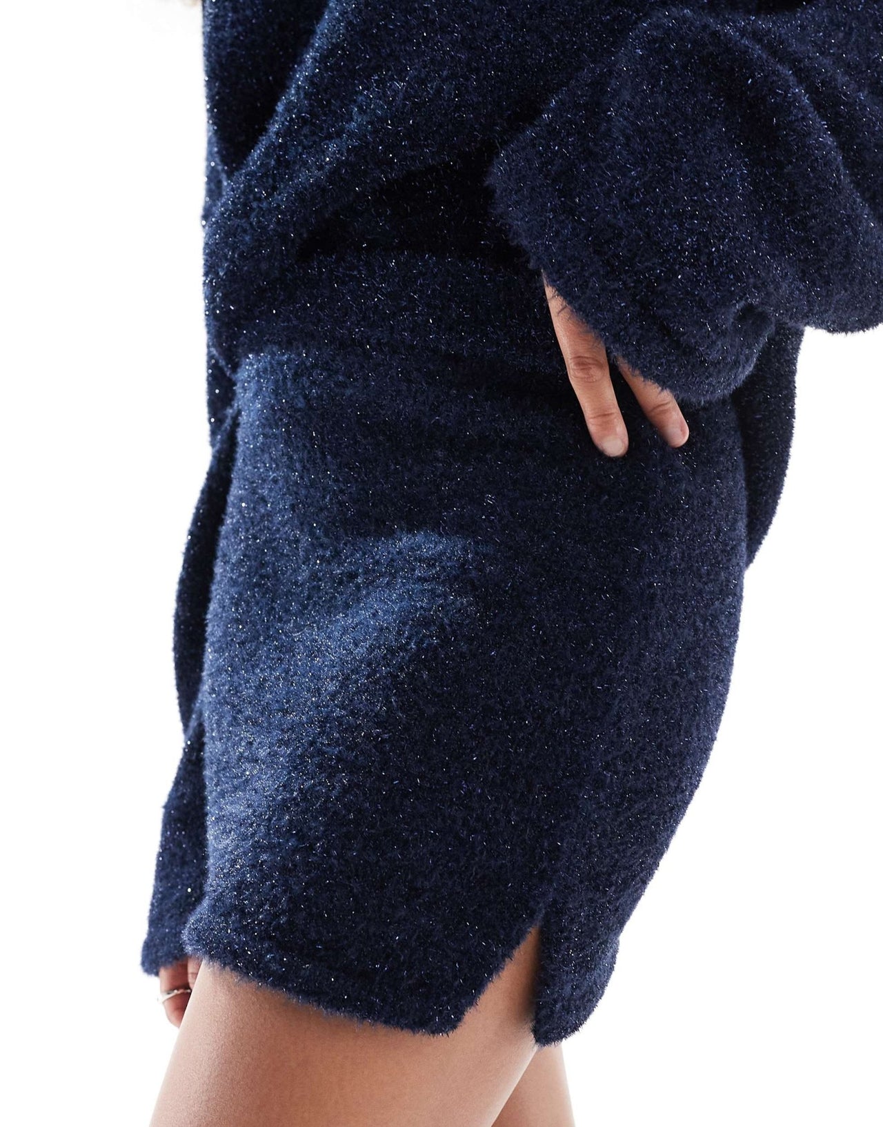 4th & Reckless metallic tinsel knit split mini skirt co - ord in navy - ASOS Sample Sale