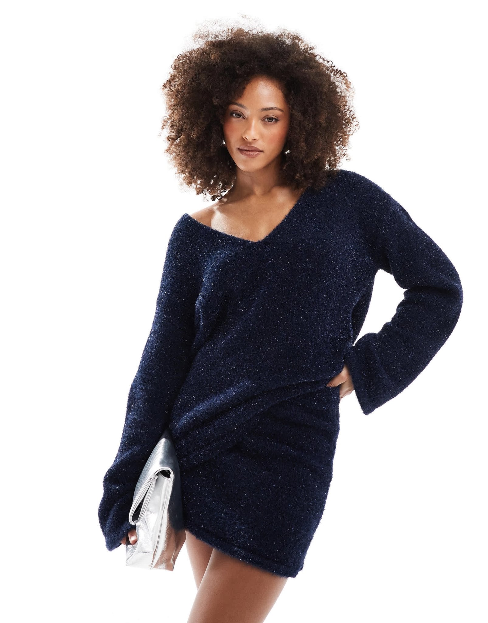 4th & Reckless metallic tinsel v neck jumper co - ord in navy - ASOS Sample Sale