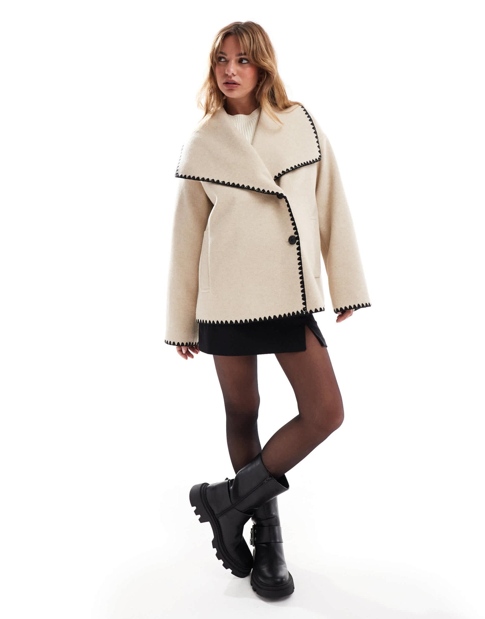 4th & Reckless oversized lapel jacket with contrast stitch in camel - ASOS Sample Sale
