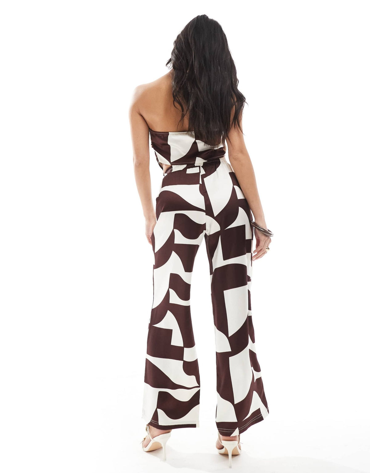 4th & Reckless Petite drawstring satin wide leg trousers co-ord in brown geo print - ASOS Sample Sale