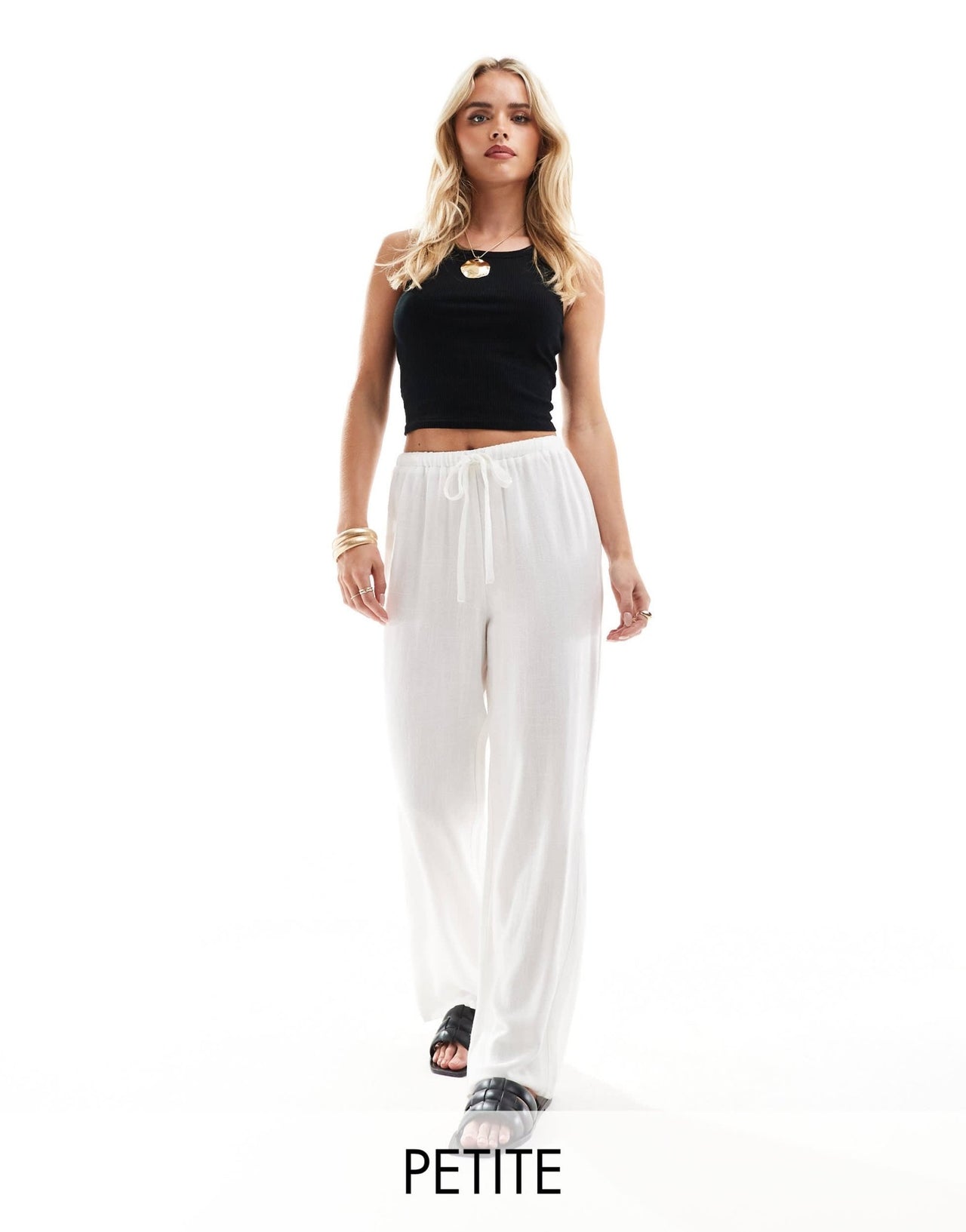 4th & Reckless Petite exclusive linen mix tie waist wide leg trousers in white - ASOS Sample Sale