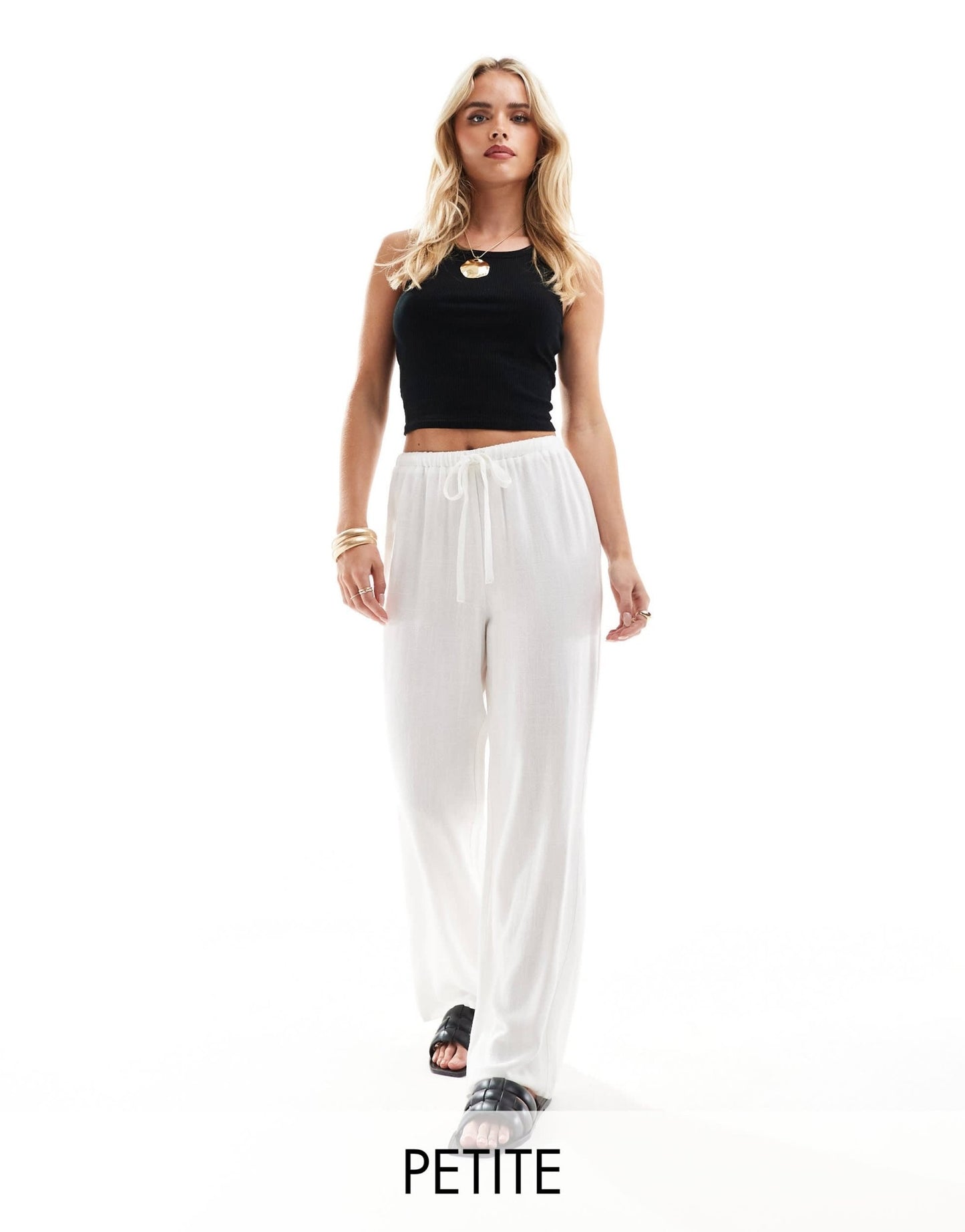 4th & Reckless Petite exclusive linen mix tie waist wide leg trousers in white - ASOS Sample Sale