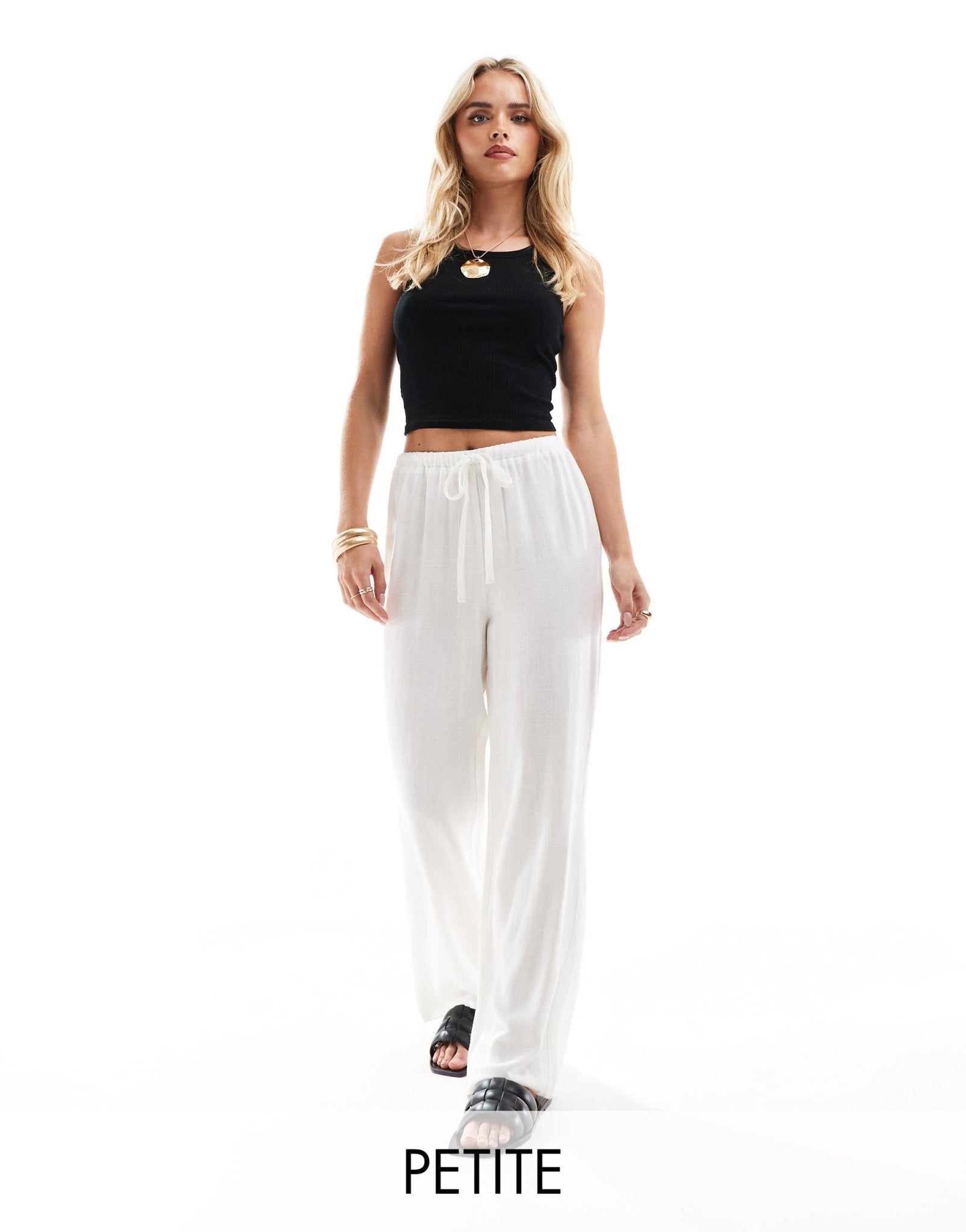 4th & Reckless Petite exclusive linen mix tie waist wide leg trousers in white - ASOS Sample Sale