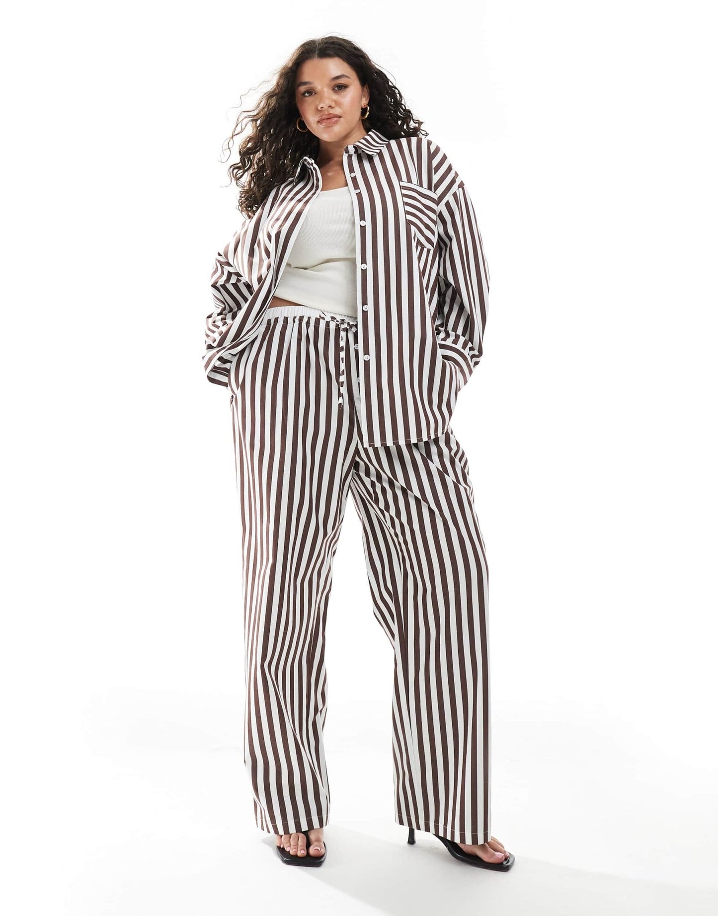 4th & Reckless Plus cotton wide leg boxer detail tie waist trouser co-ord in brown stripe - ASOS Sample Sale