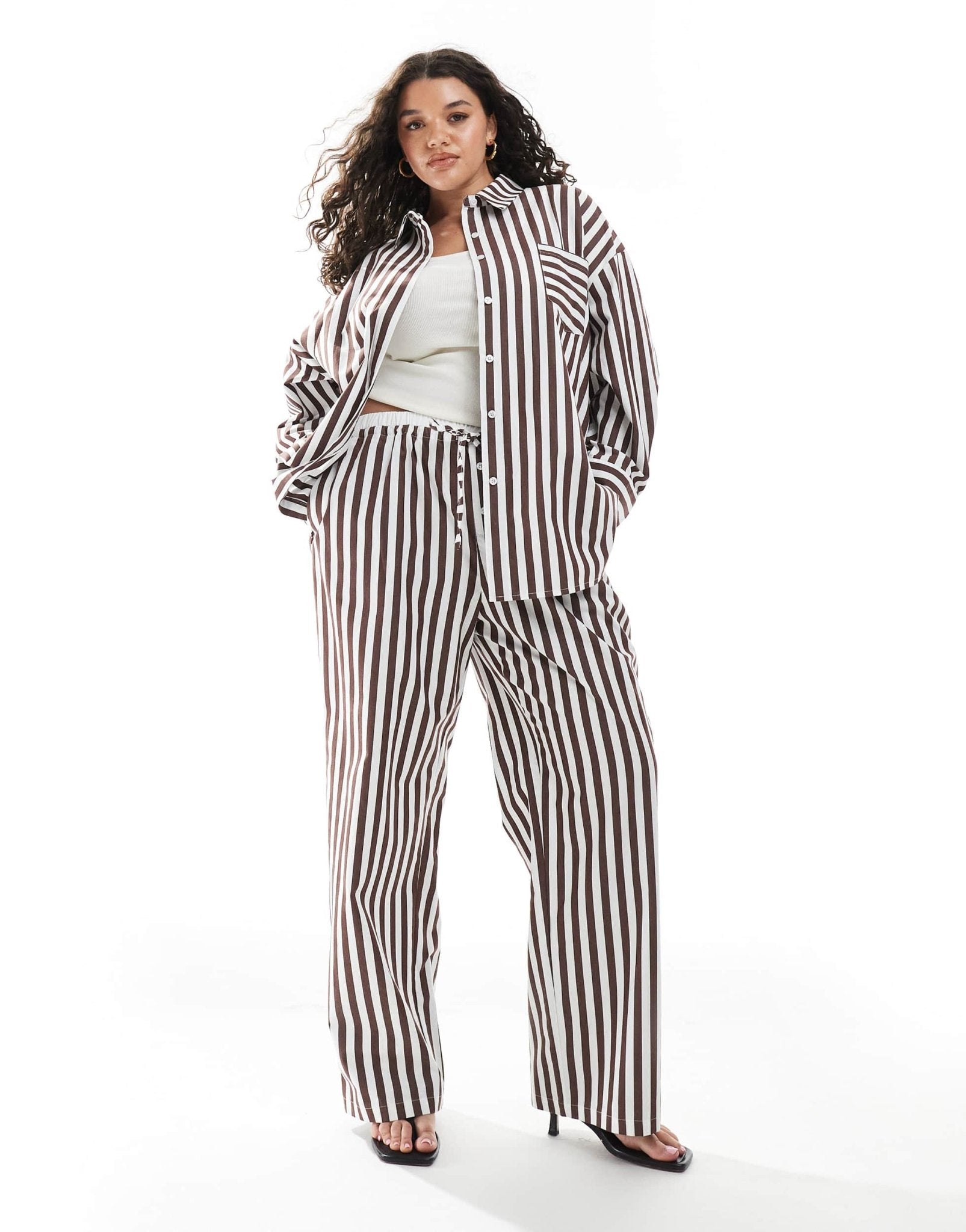 4th & Reckless Plus cotton wide leg boxer detail tie waist trouser co-ord in brown stripe - ASOS Sample Sale