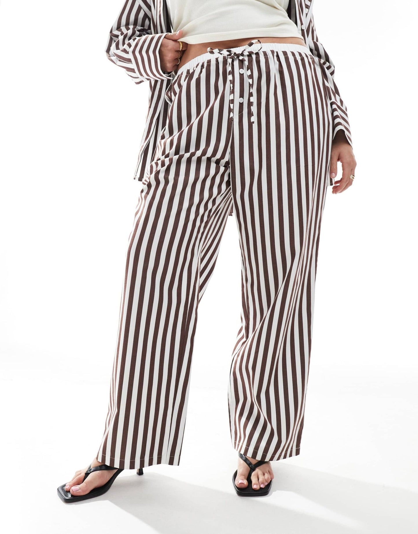 4th & Reckless Plus cotton wide leg boxer detail tie waist trouser co-ord in brown stripe - ASOS Sample Sale