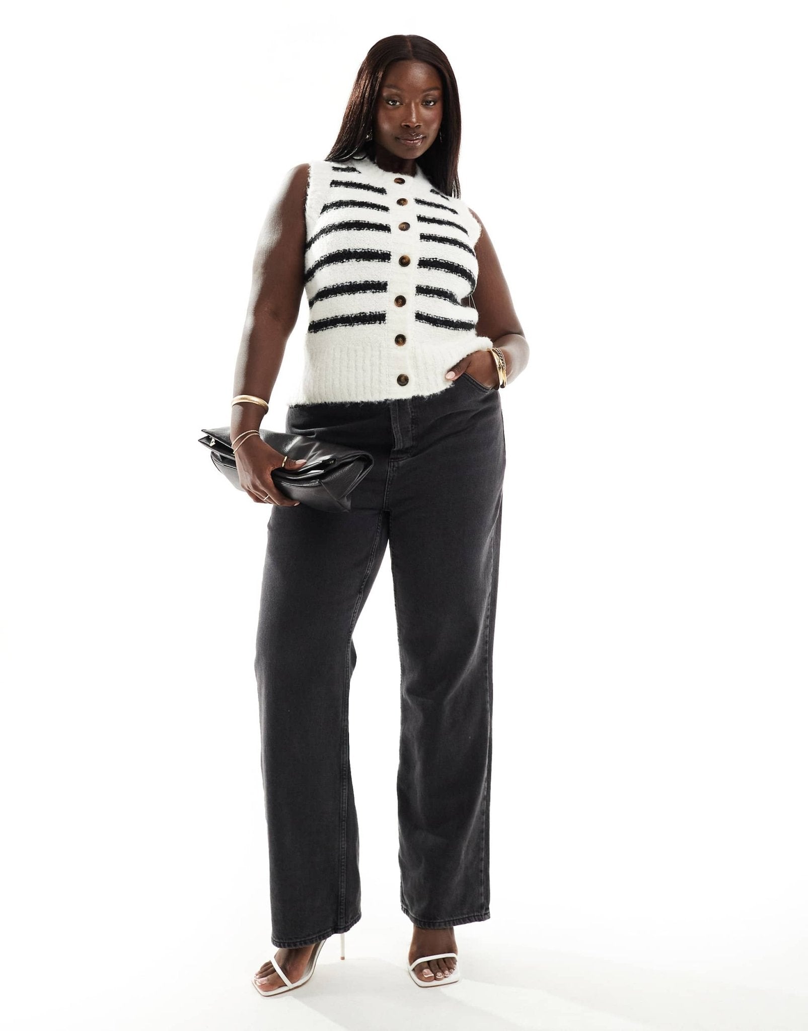 4th & Reckless Plus exclusive fluffy knit button through sleeveless top in black and white stripe - ASOS Sample Sale
