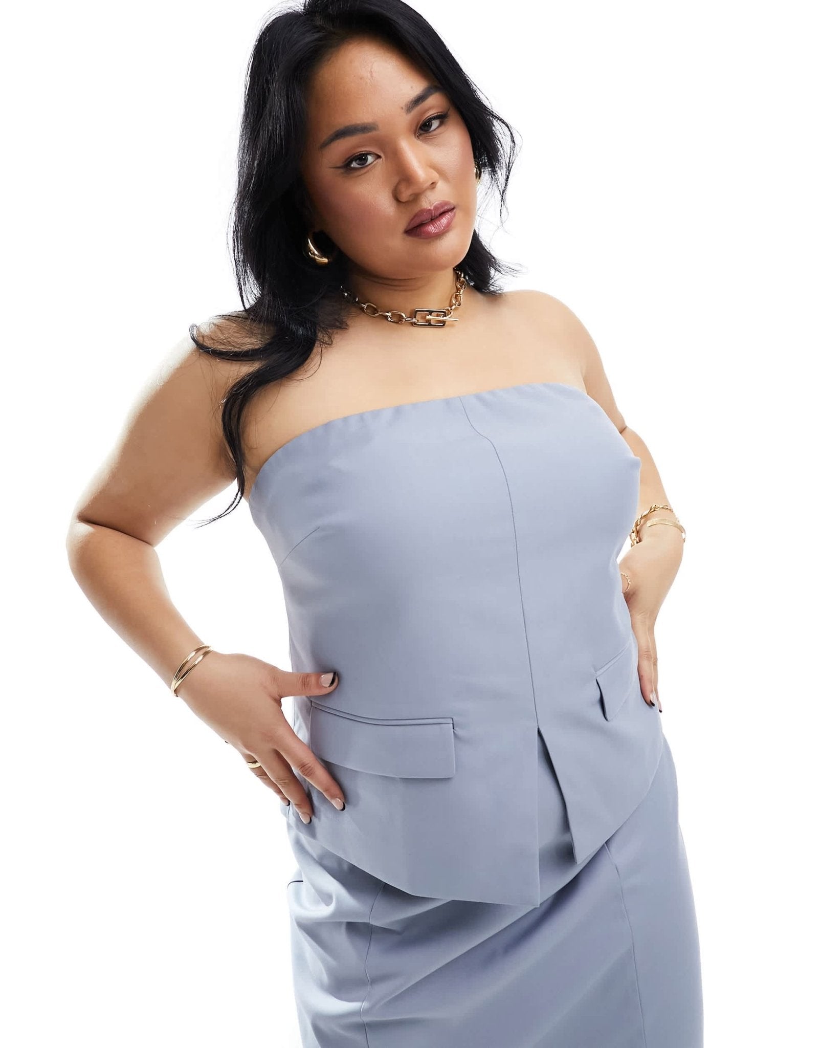 4th & Reckless Plus exclusive tailored split front bandeau top co-ord in blue - ASOS Sample Sale