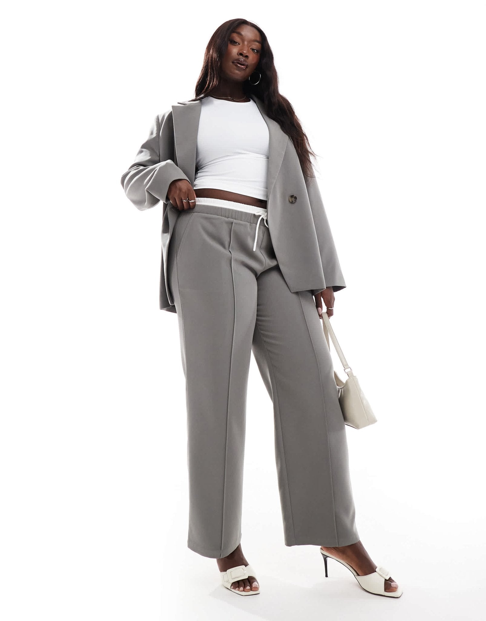 4th & Reckless Plus exclusive tailored straight leg drawstring contrast waistband trouser co - ord in charcoal - ASOS Sample Sale
