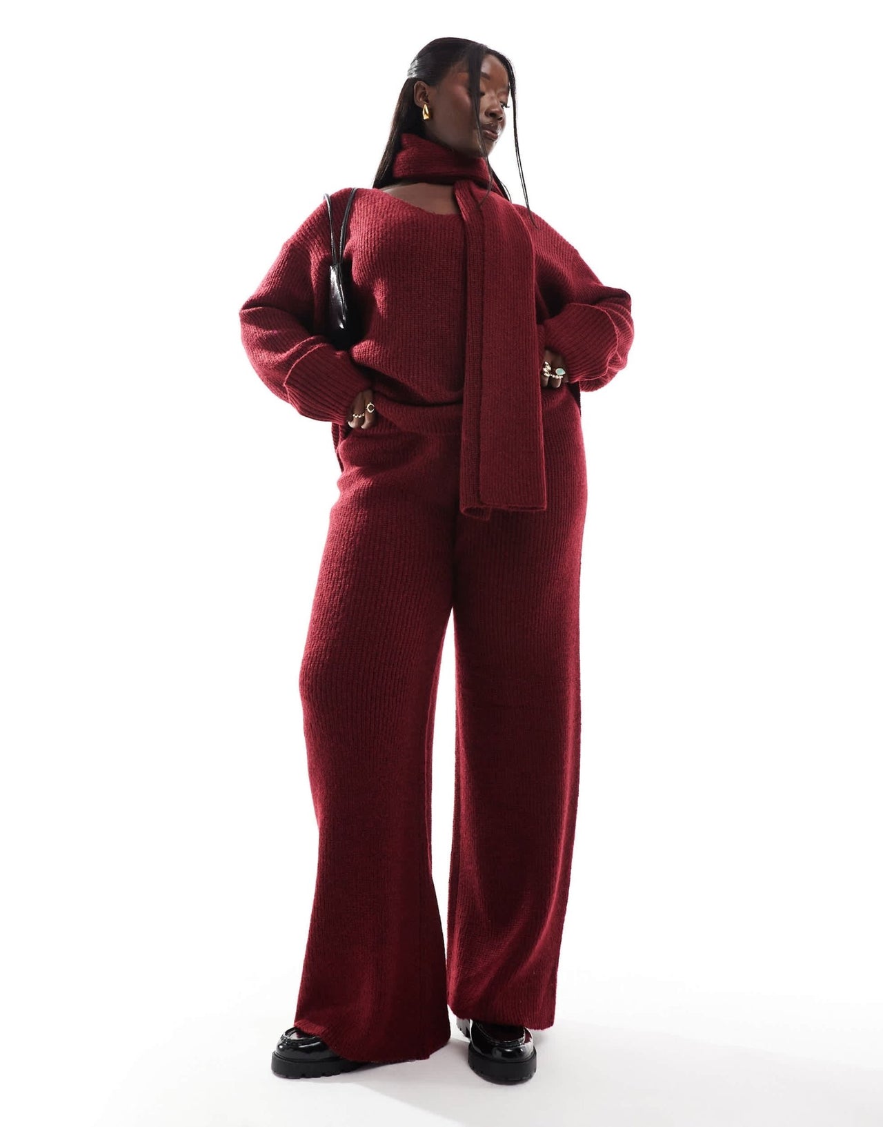 4th & Reckless Plus knitted wide leg trousers co - ord in burgundy - ASOS Sample Sale