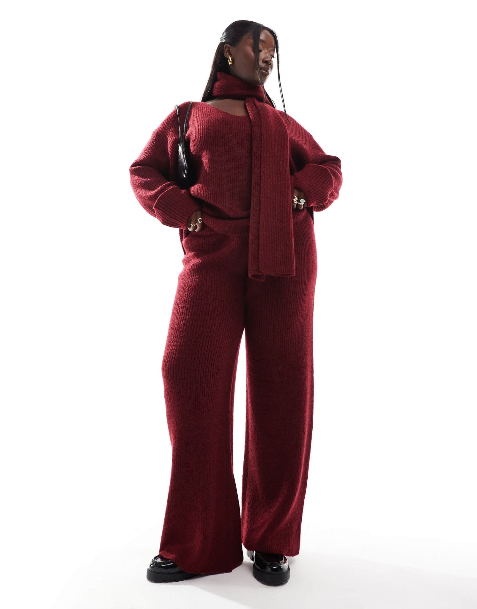 4th & Reckless Plus knitted wide leg trousers co - ord in burgundy - ASOS Sample Sale