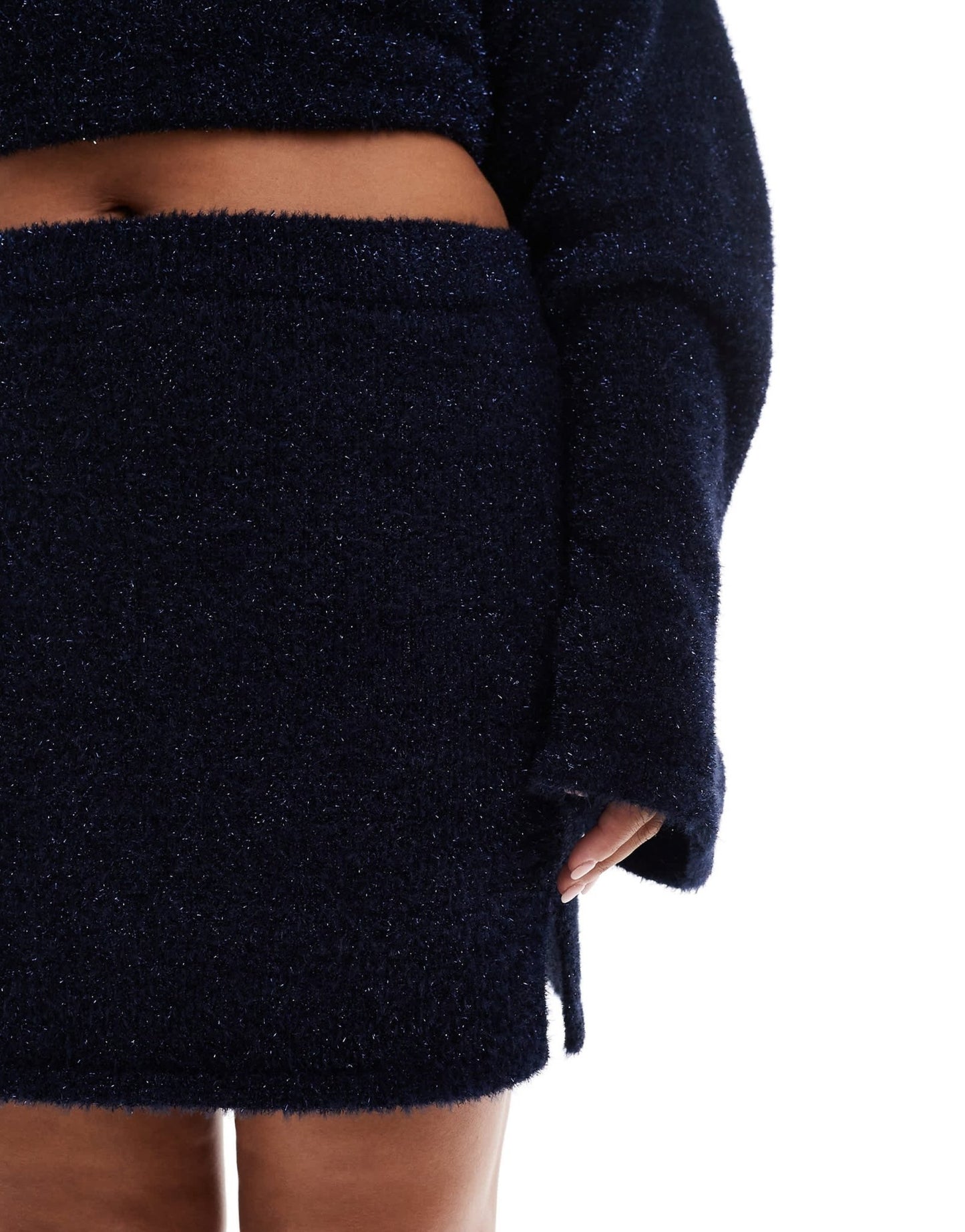 4th & Reckless Plus metallic tinsel knit split mini skirt co - ord in navy - ASOS Sample Sale