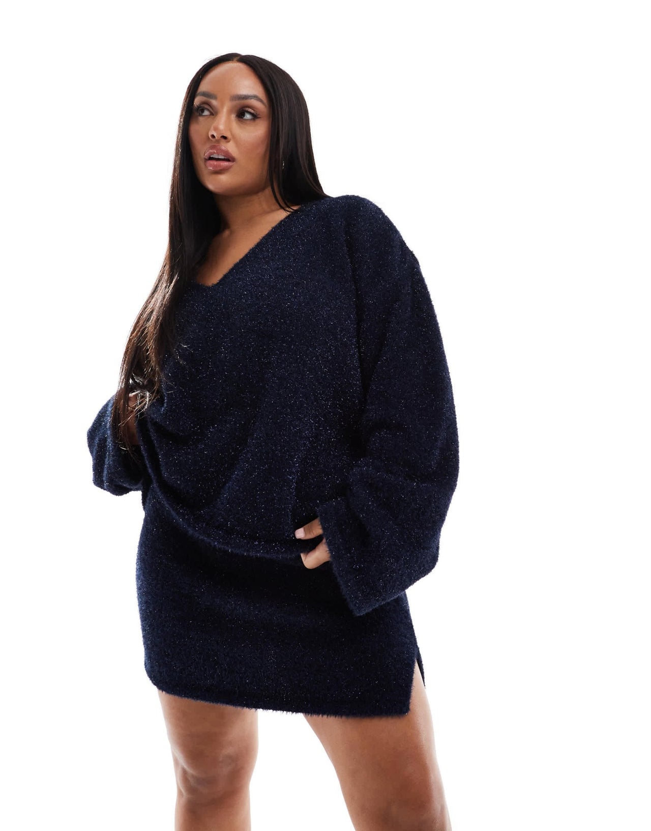 4th & Reckless Plus metallic tinsel knit split mini skirt co - ord in navy - ASOS Sample Sale