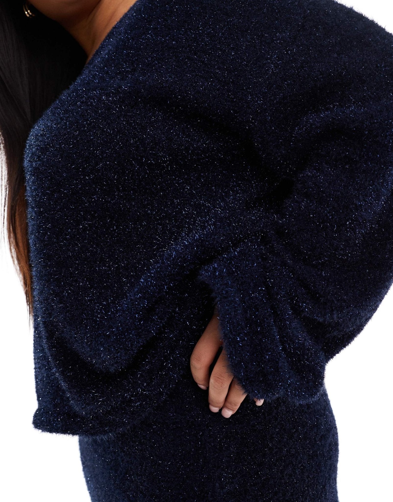 4th & Reckless Plus metallic tinsel v neck jumper co - ord in navy - ASOS Sample Sale
