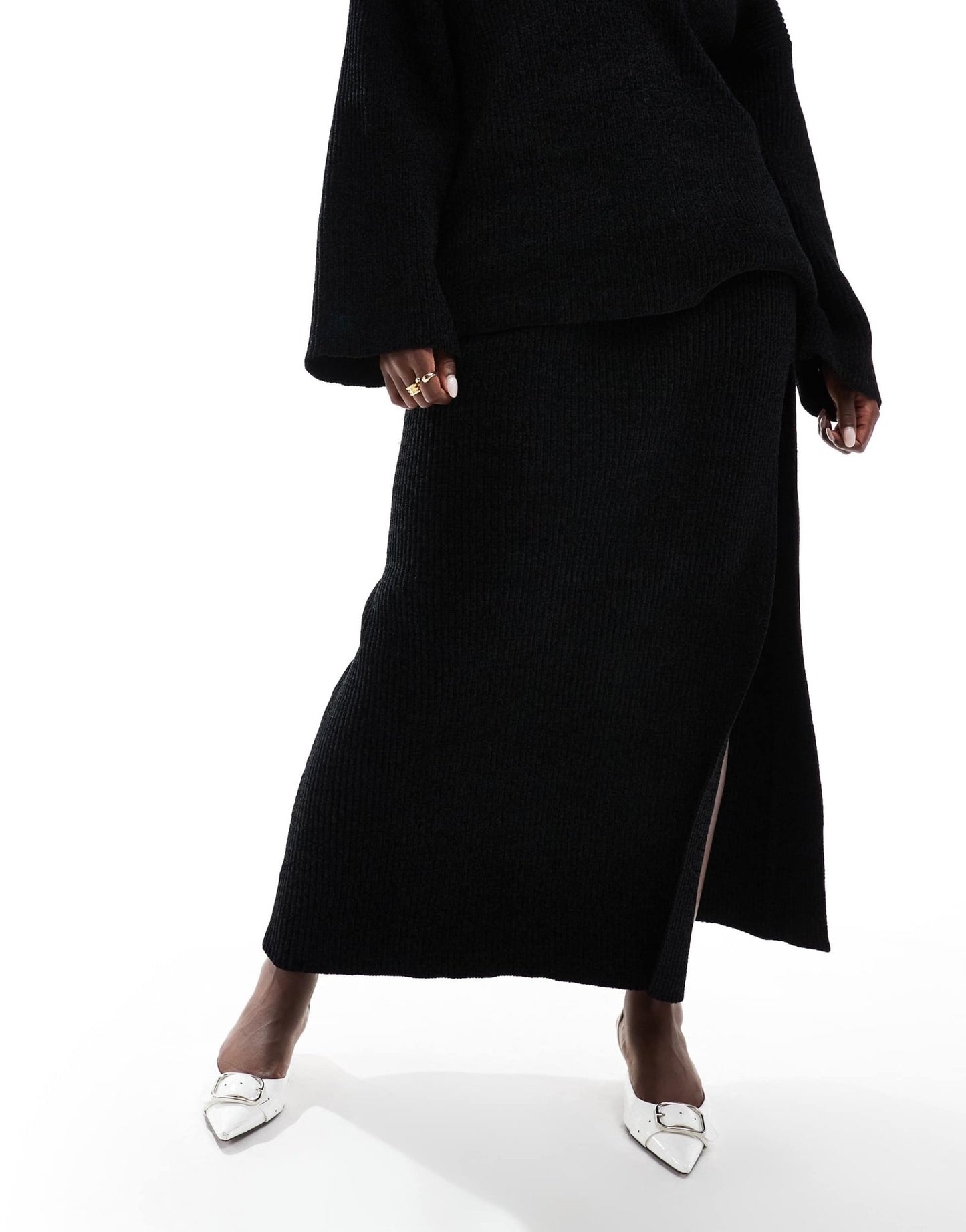 4th & Reckless Plus ribbed knit thigh split maxi skirt co - ord in black - ASOS Sample Sale