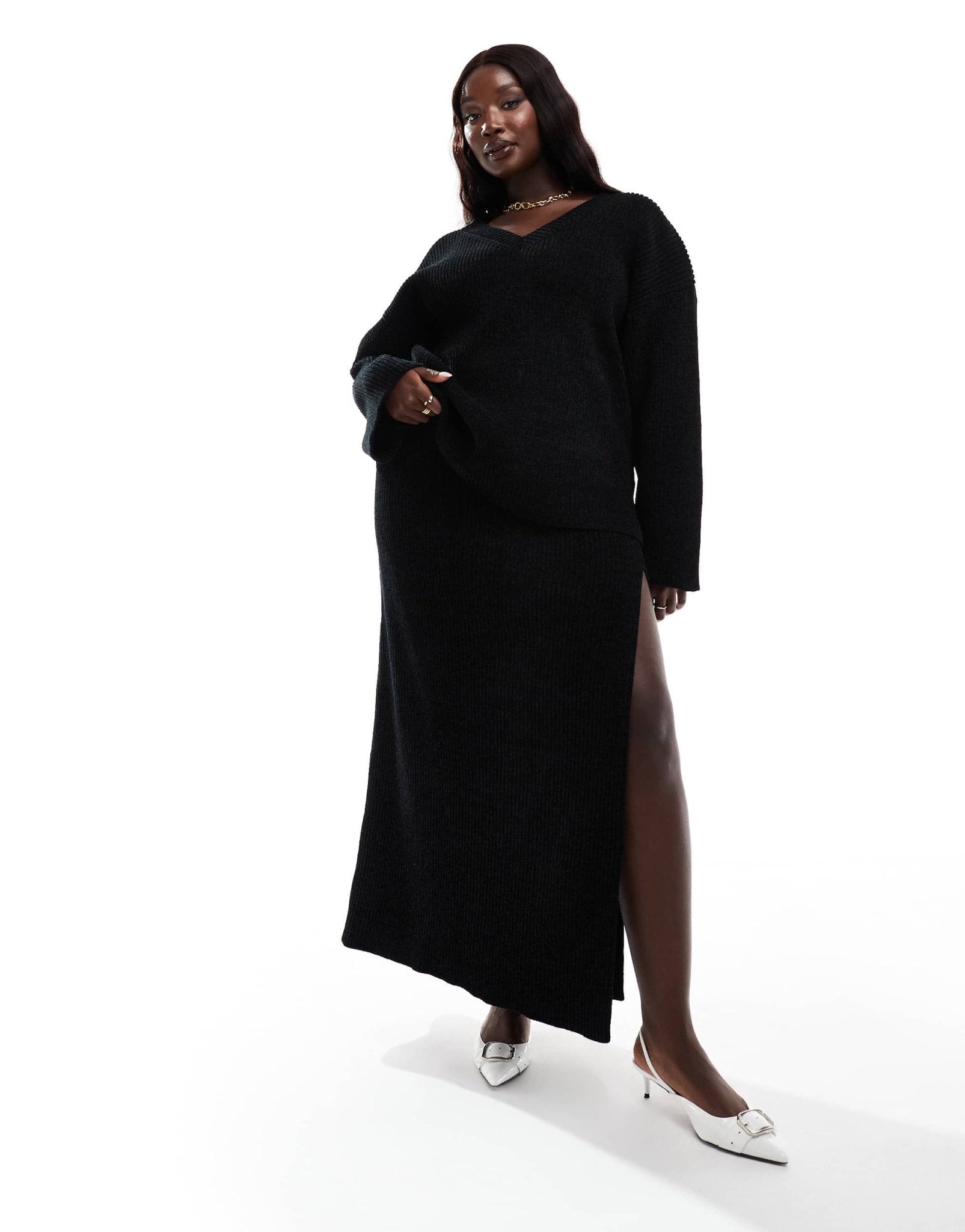 4th & Reckless Plus ribbed knit thigh split maxi skirt co - ord in black - ASOS Sample Sale